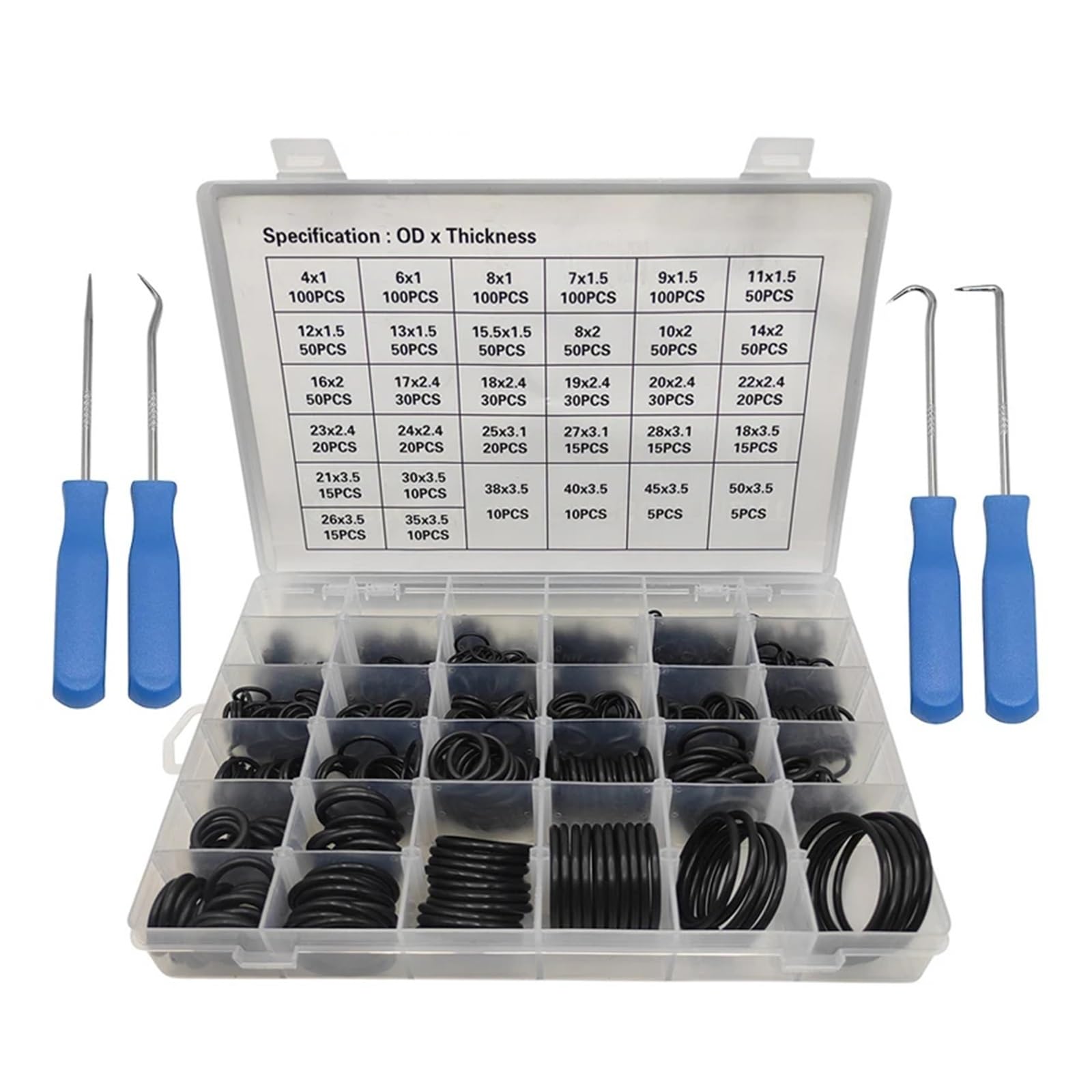 225-1225 Uds junta de sellado en caja nitrilo varios tamaños goma O anillos Kit de reparación junta resistente al aceite juego de arandelas combinadas(1225pcs with Tools)