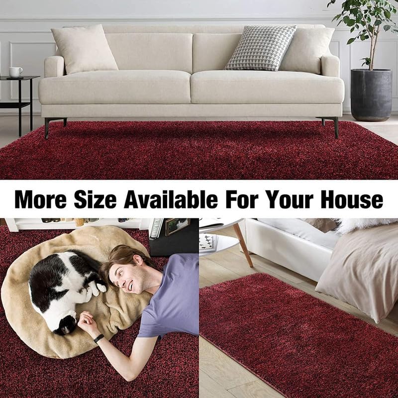 Image of FIASCO Polyester Shaggy Bedside Runner, Soft Indoor Modern Shaggy, Soft Rugs for- Living Room, Dinning Room, Office, Bedroom & Hallway Carpet Rugs Size 5X7 Meroon