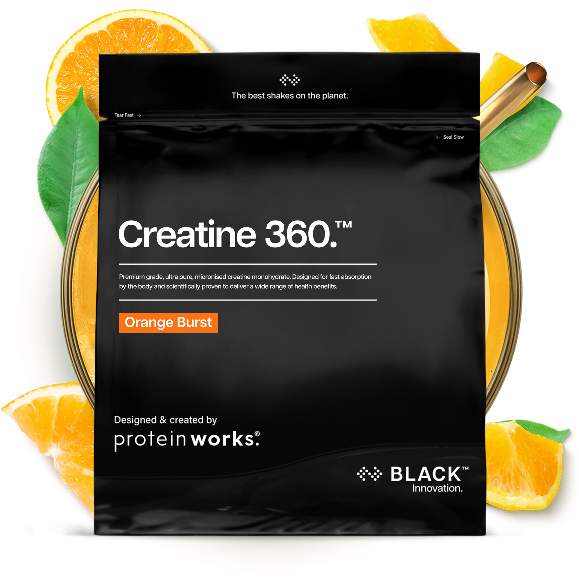 Protein Works | Creatine 360 - Black Innovation, Creatine Monohydrate, Micronised Creatine Powder, 100% Purity, 200 Mesh Ultra Fine Creatine, Energy & Performance, Orange Burst, 62 Servings, 250g