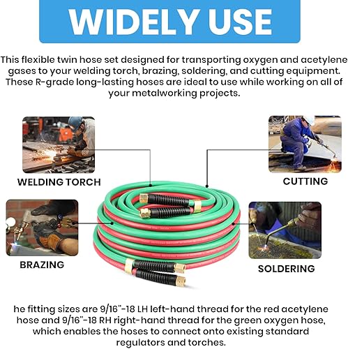 Miniatura 5 de YOTOO Manguera de acetileno de oxígeno resistente de 14 pulgadas × 50 pies con accesorios de 916 "-18 B Manguera de soldadura doble