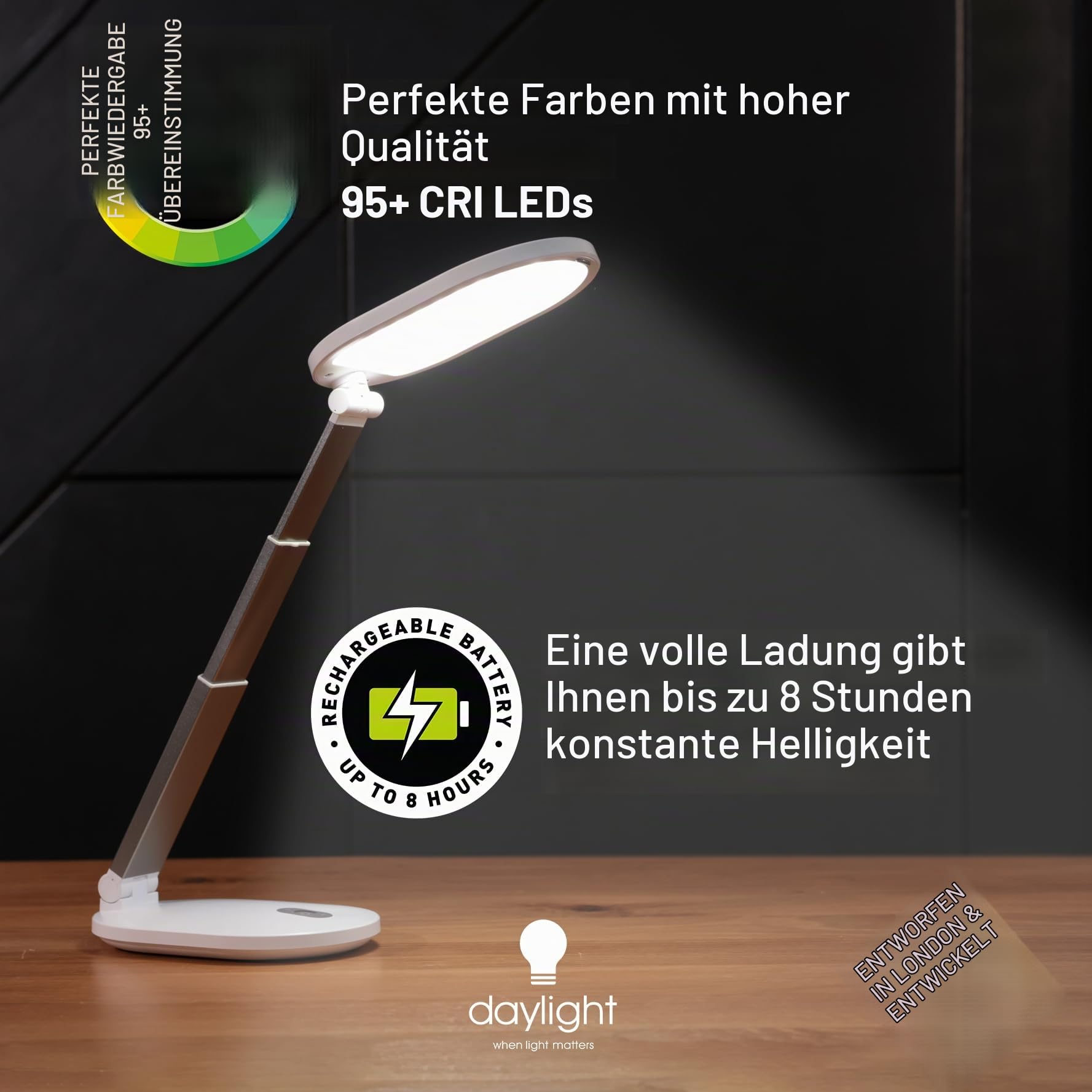daylight Foldi Go™ Aufladbare LED Schreibtischlampe – 6000K, 4 Helligkeitsstufen, Verstellbarer Arm, Kompakt & Tragbar mit Tragetasche, Kabelloses Lese- & Bastellicht
