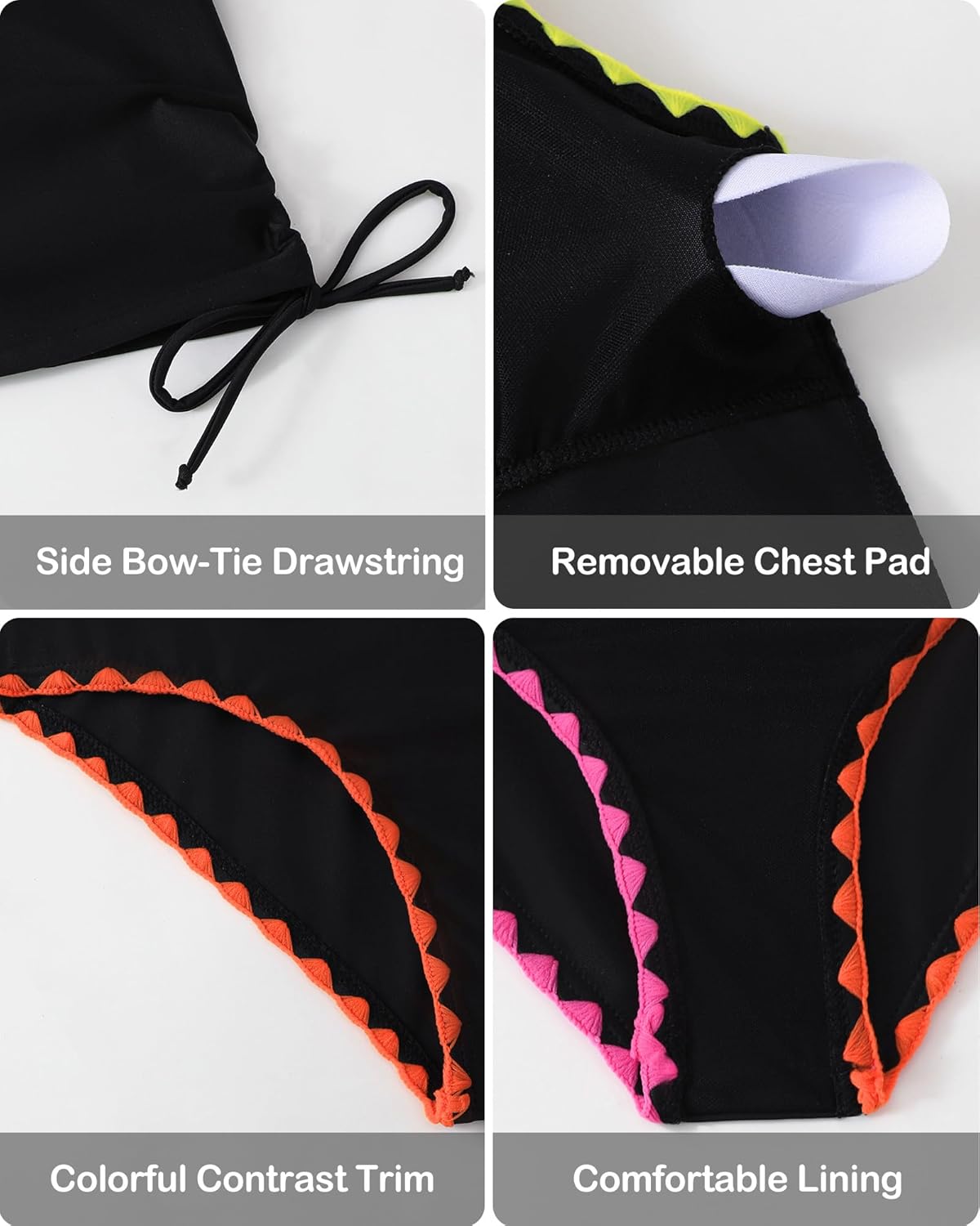 Girls Swimsuit Two Piece Contrast Trim Tankini Drawstring Bathing Suit Padded Solid Color Swimwear Set 7-16Y - Image 5