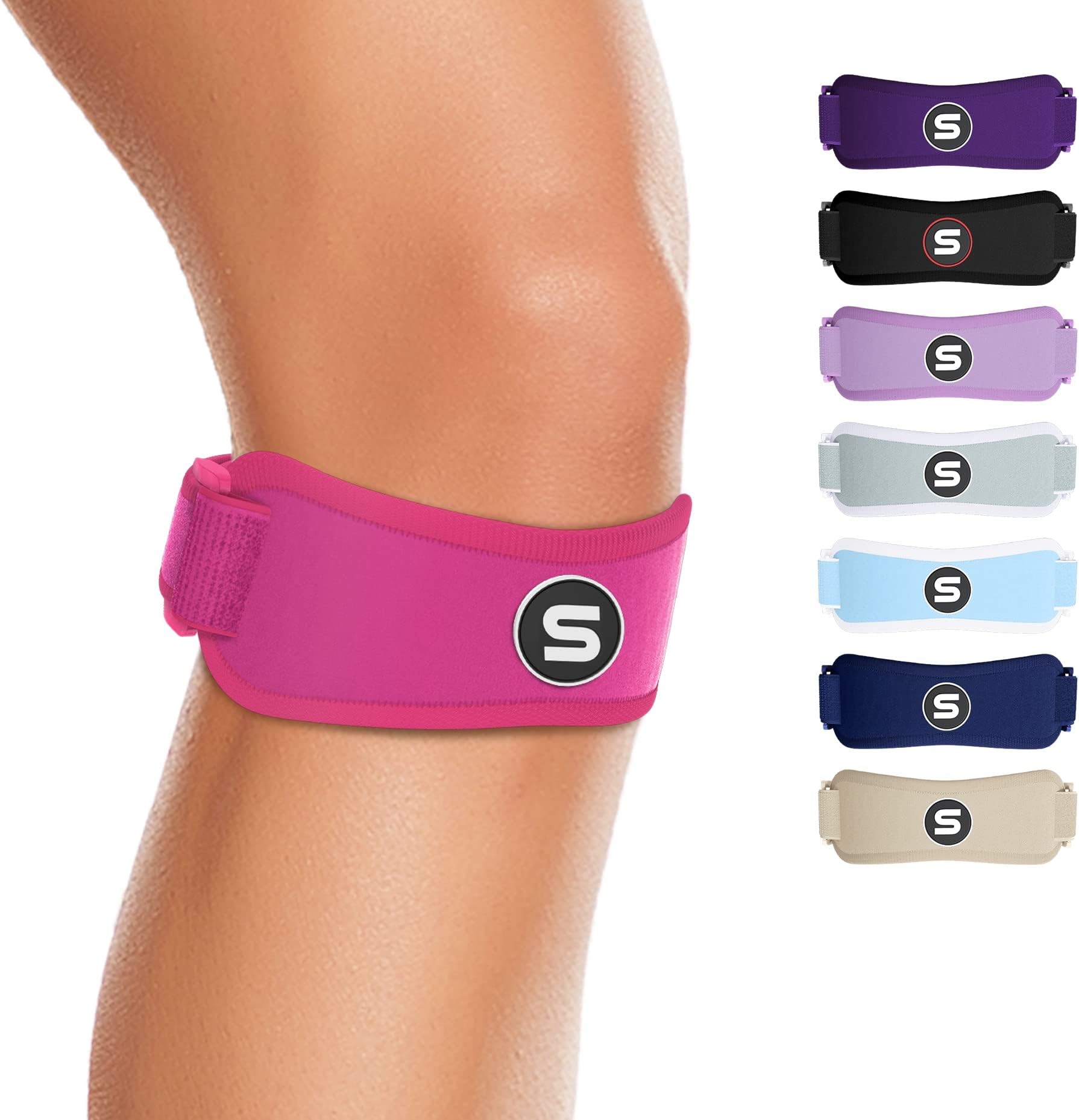 - Sleeve Stars Swedish Brand Patellar Tendon Support Strap for Women & Men Effective Osgood Schlatter Knee Brace Youth & Kids Knee Brace with 3 Adjustable Length fits 12"-24" (Single/Hot Pink/Adult)