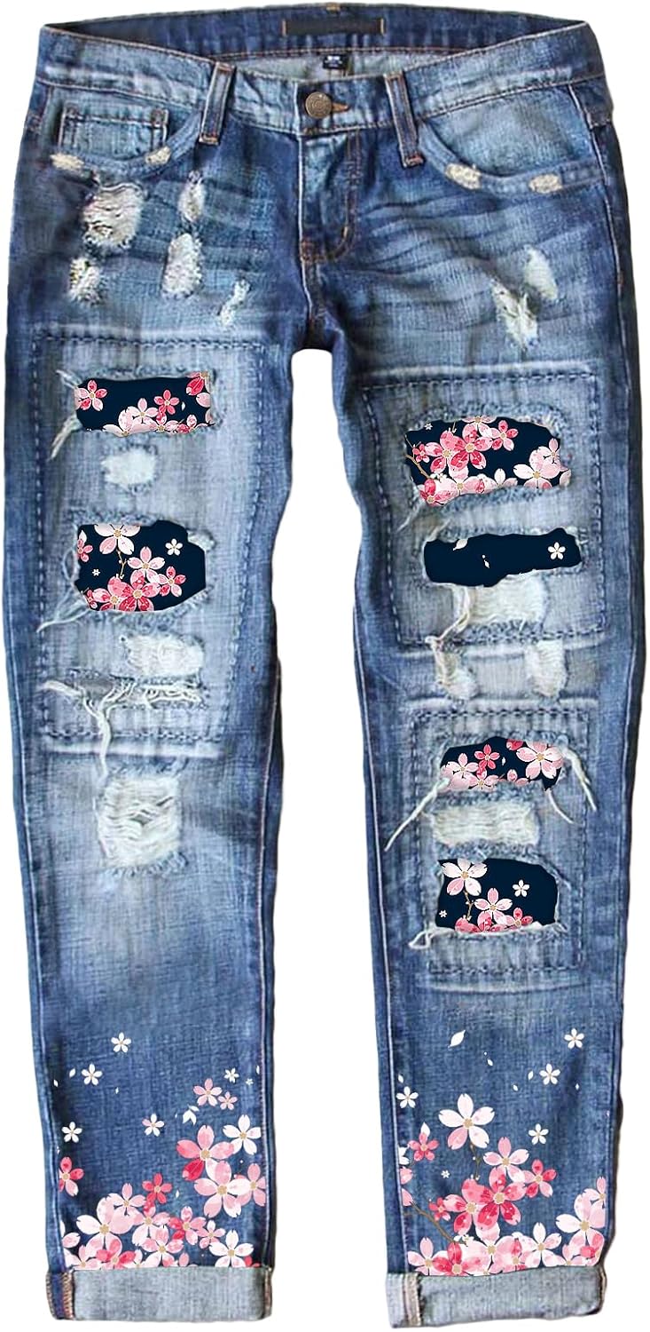 EVALESS Ripped Jeans for Women Plaid Patch Boyfriend Skinny Distressed Denim Jean Pants