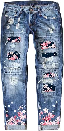 EVALESS Ripped Jeans for Women Plaid Patch Boyfriend Skinny Distressed Denim Pants