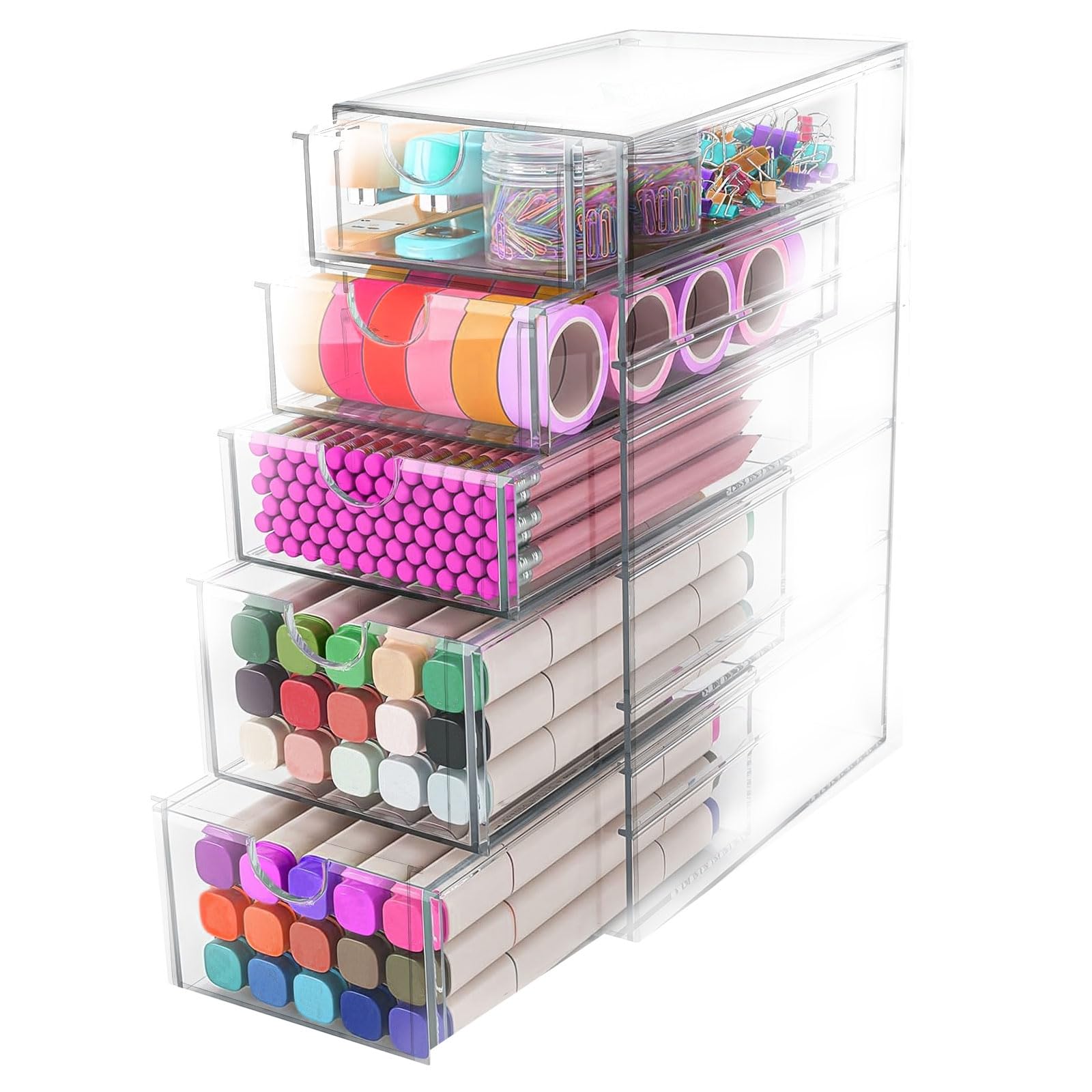 Stackable Desk Organiser Drawers Clear Acrylic Storage Drawers Pull out Craft Storage Box Plastic Drawer Storage Unit for Stationery Cosmetic Brushes Jewelry, For Vanity Bathroom Bedroom (5 Drawers)