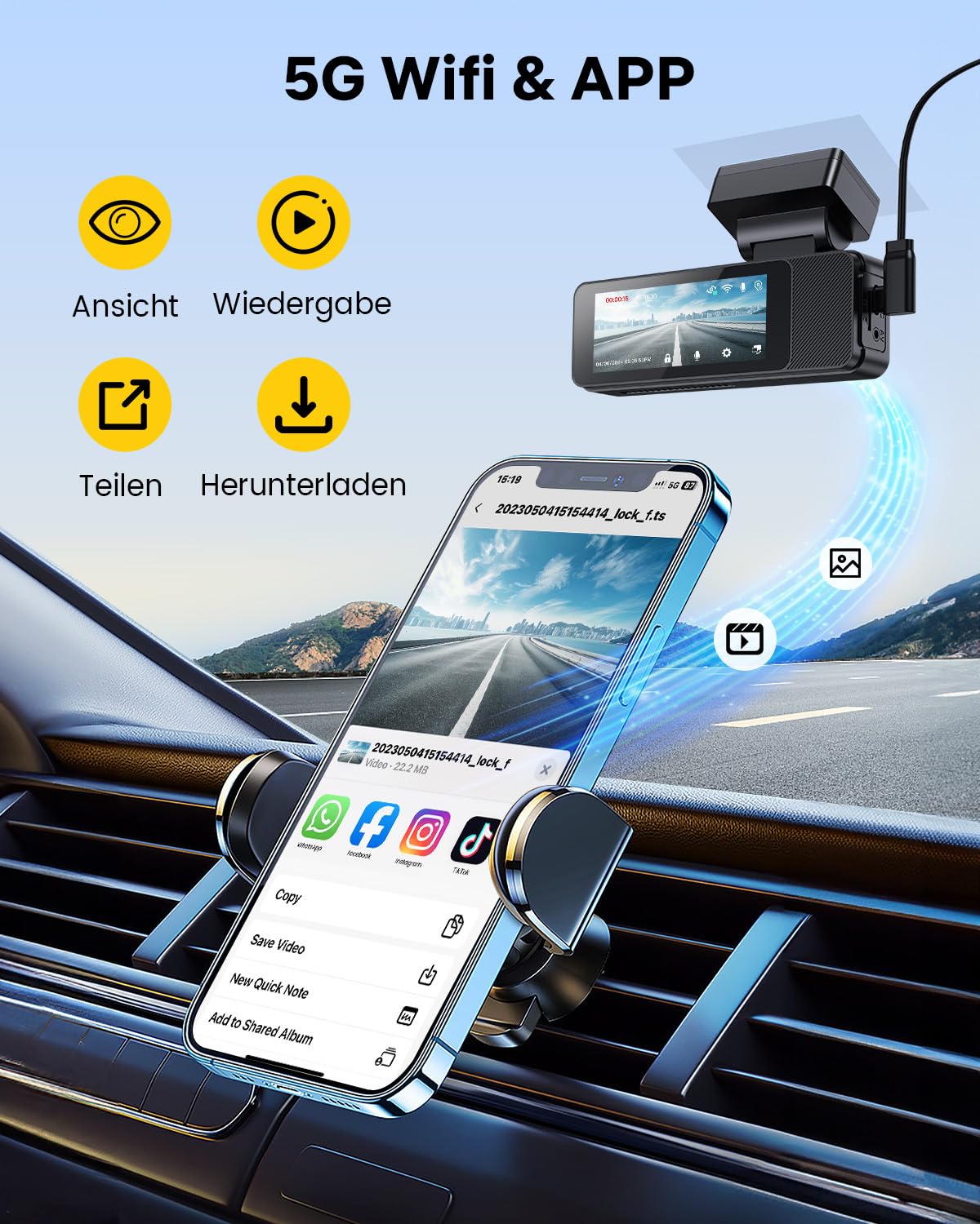 GKU Dashcam Auto Vorne Hinten, 4K/2,5K mit Touchscreen 3,18 Zoll, GPS 5G Wi-Fi Dash Cam, Dual Auto Kamera,64GB SD Karte,Parküberwachung,WDR,170° Weitwinkel,G-Sensor,Loop-Aufnahme,Max 256GB