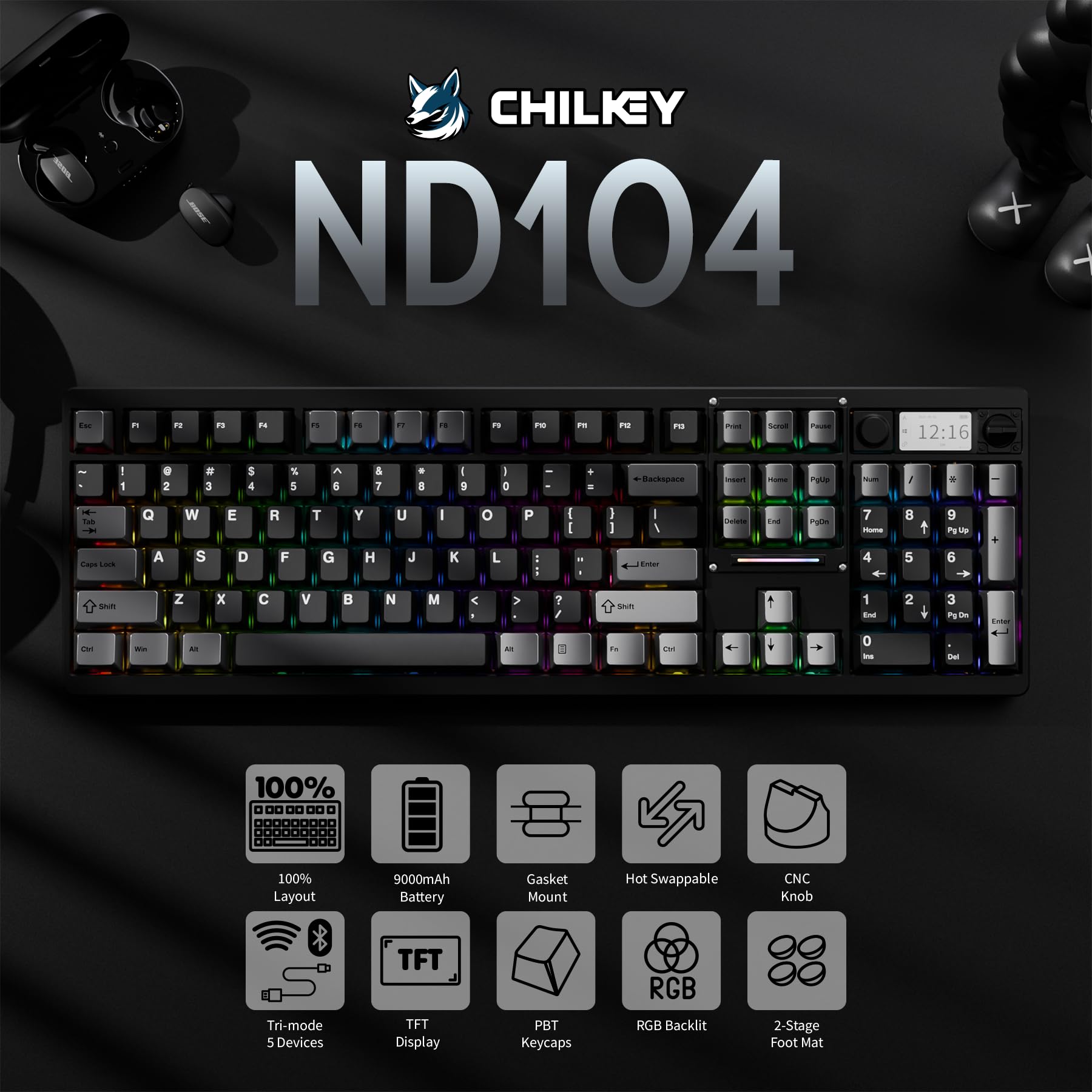 OOCTPK Chilkey ND104 Tastiera Meccanica Wireless Gaming con Schermo LCD, 104% Hot Swap Tastiera Personalizzata con Manopola, Retroilluminazione RGB, Bluetooth 5.4/2.4GHz/USB-C, Full-Aluminum, Supporto