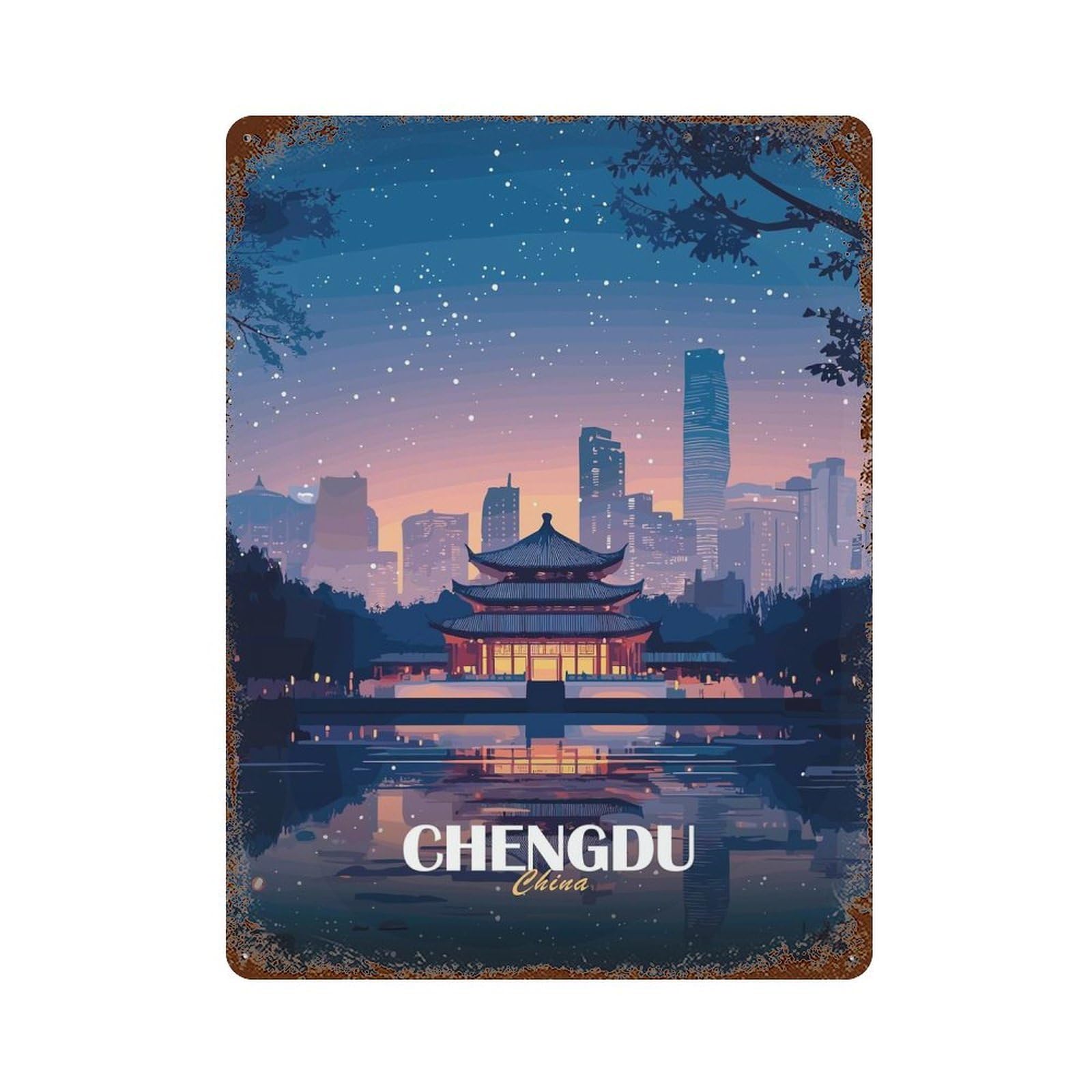 Garage Style Chengdu China Cityscape at Night Rustic Tin Plaque 15.7"x11.8", Industrial Home Decor for Bar And Workshop