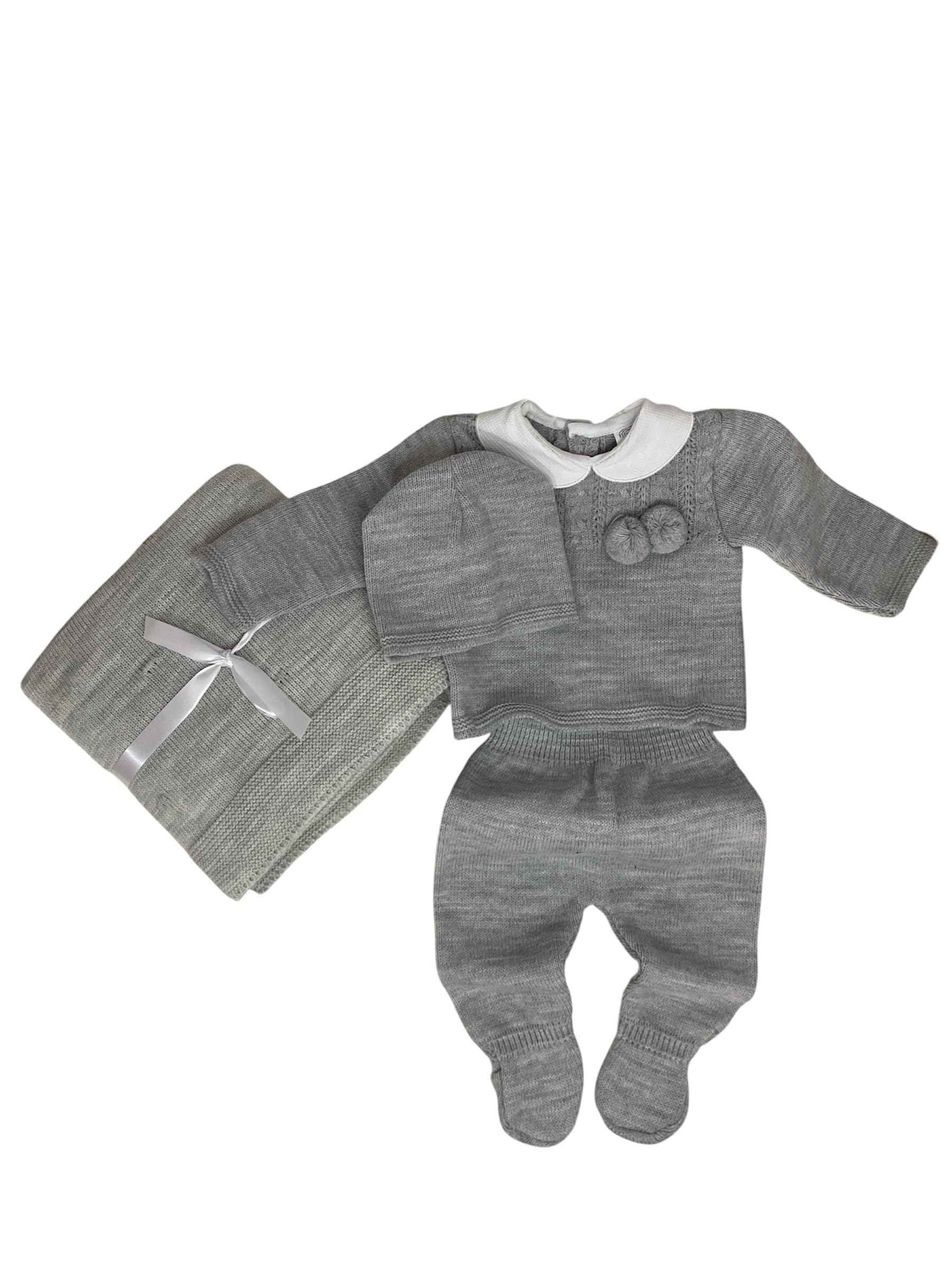 Conjunto de Bebé de Punto, Suéter y Pantalón con Pompones, Gris, Tejido de Punto Acanalado, 2 Piezas. Talla única. Recién nacido