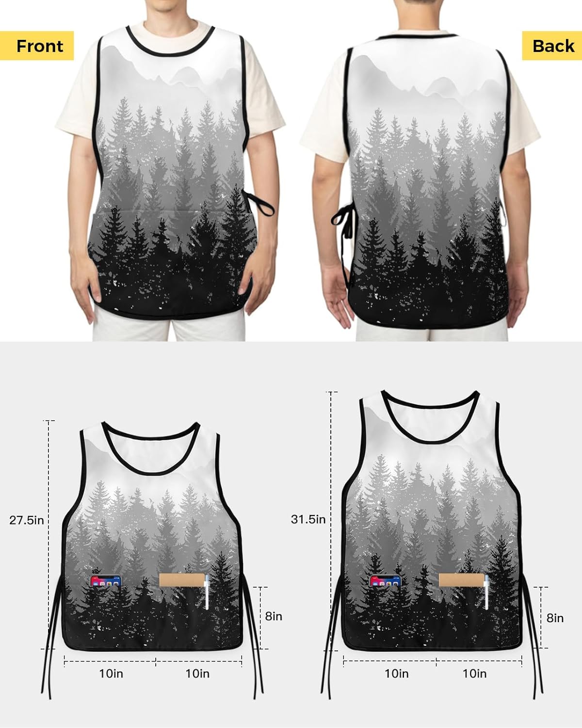 Fall Autumn Tree Cobbler Aprons with 2 Pockets for Women Men, Forest Grey Black Wood-land Mountain