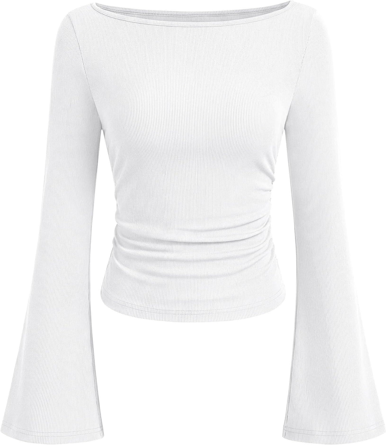 BUNSLOOM Langarmshirt Damen Glockenärmel Rundhals Slim Fit Raffung Oberteil | Damen Shirt, ausgestellte Glockenärmel, figurbetonter Schnitt mit Raffung, feminine Oberteile für Herbst Büro Freizeit