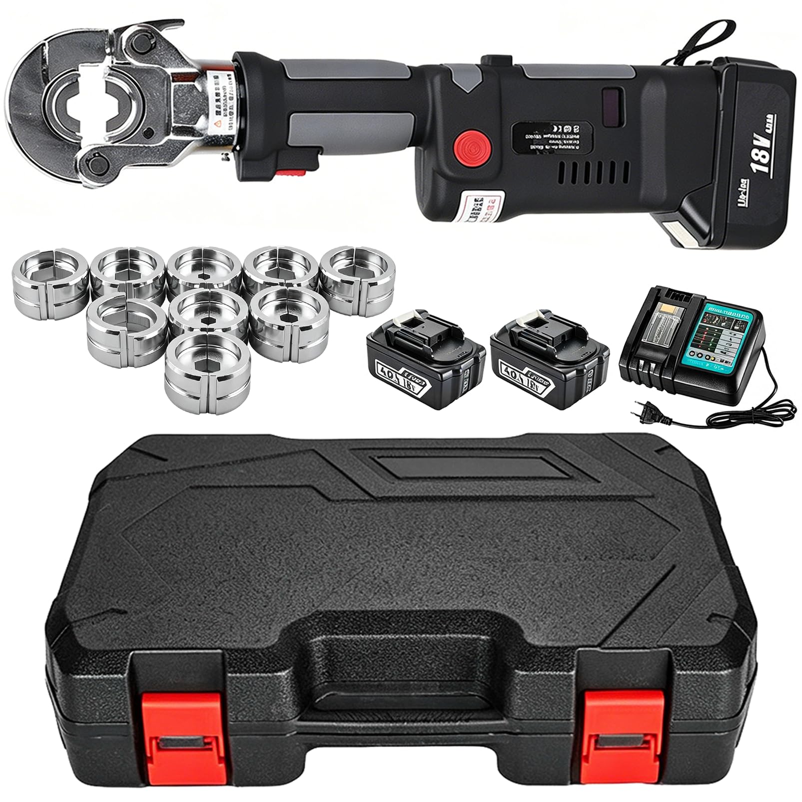 DmqChry Electric Hydraulic Crimping Tool 6-Ton Cordless Hydraulic Crimper Kit with 11 Dies for 6AWG to 600MCM Copper and Aluminum Wire Terminals, with LCD Display & Reset Button