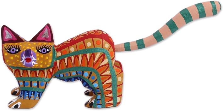 NOVICA Artisan Handmade Wood alebrije Figurine Multicolored Cat Mexico Animal Themed Folk Art Hand Painted NAT o Decor [3in H x 8.25in W x 1.7in D] Festive Cat