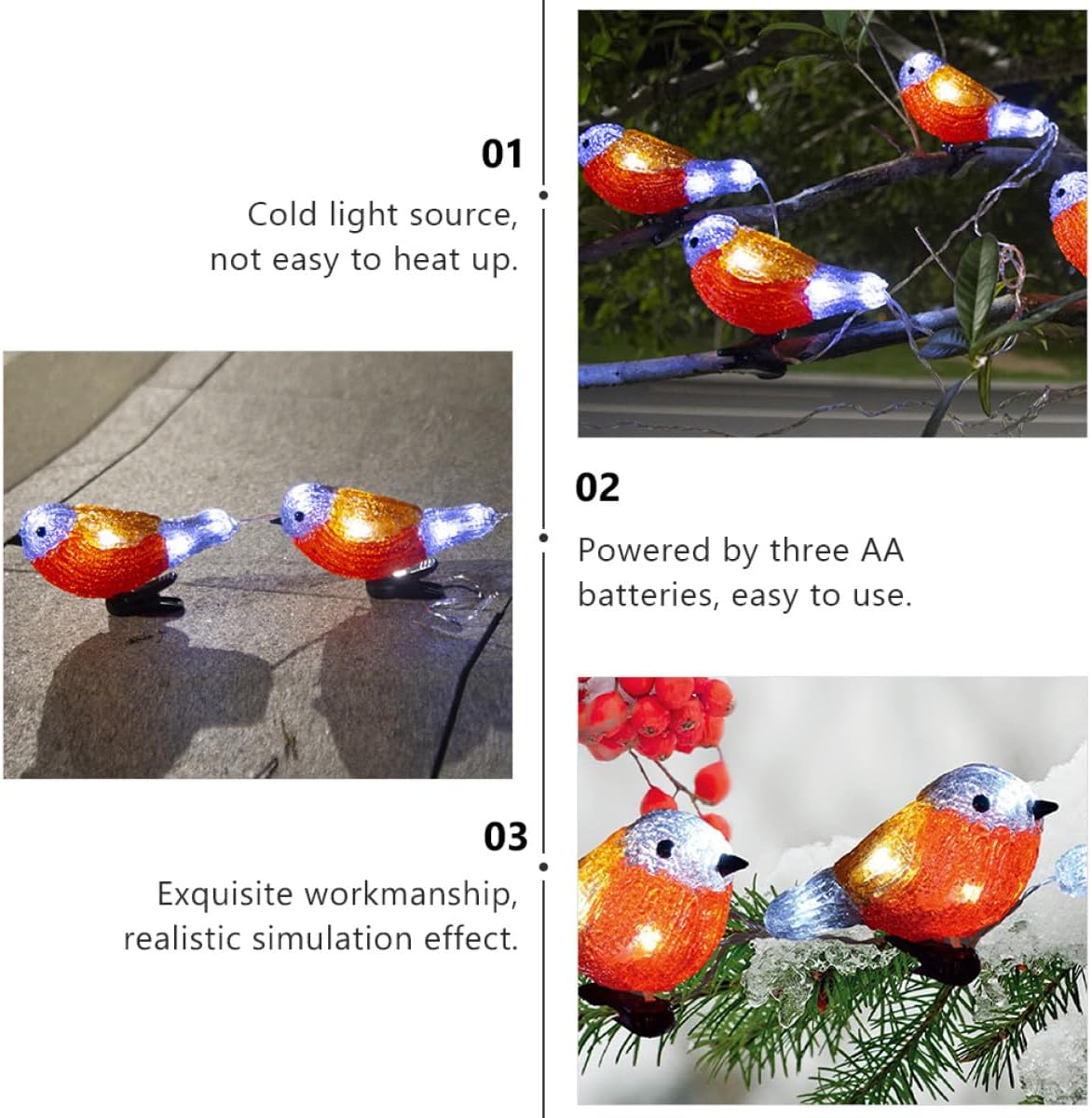 Solar LED Robin Bird String Lights for Garden Patio Outdoor Decoration 5 Red and Yellow Birds with Clips Solar-Powered Party String Lamp
