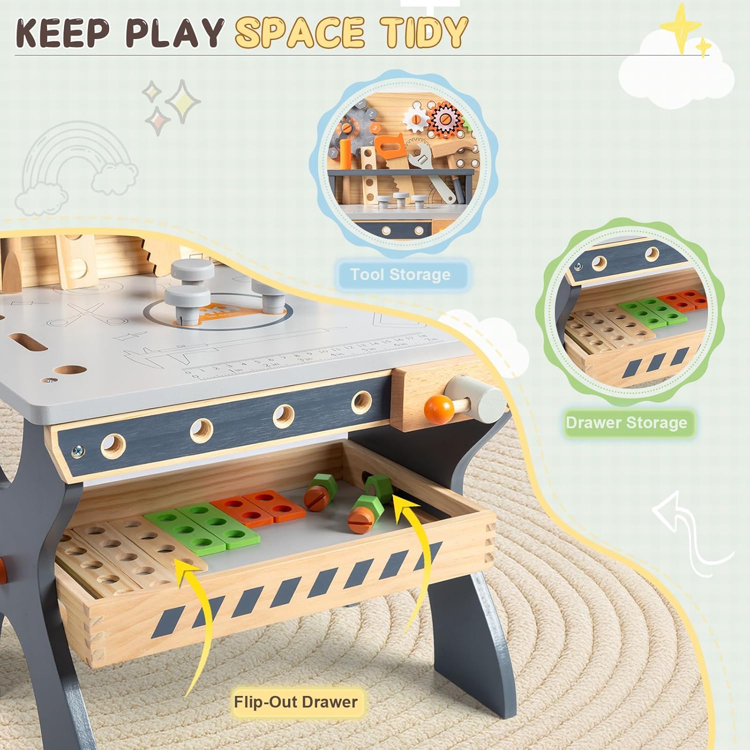 Wooden Pretend Play Tool Bench & Workbench with Clock, Interlocking Gears, Hammer, Saw, Wrench & Storage Drawer - Montessori STEM Toy for Toddlers, Preschoolers Age 3+ - Birthday Gift for Kids