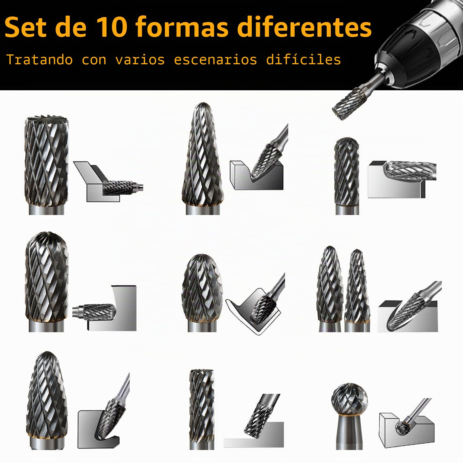 Juego de Fresas de Metal Duro, 10 Piezas de Fresa Rotativa de Carburo de Tungsteno con Vástago de 6mm para Madera, Acero, Metal, Pulido, Grabado, Taladro