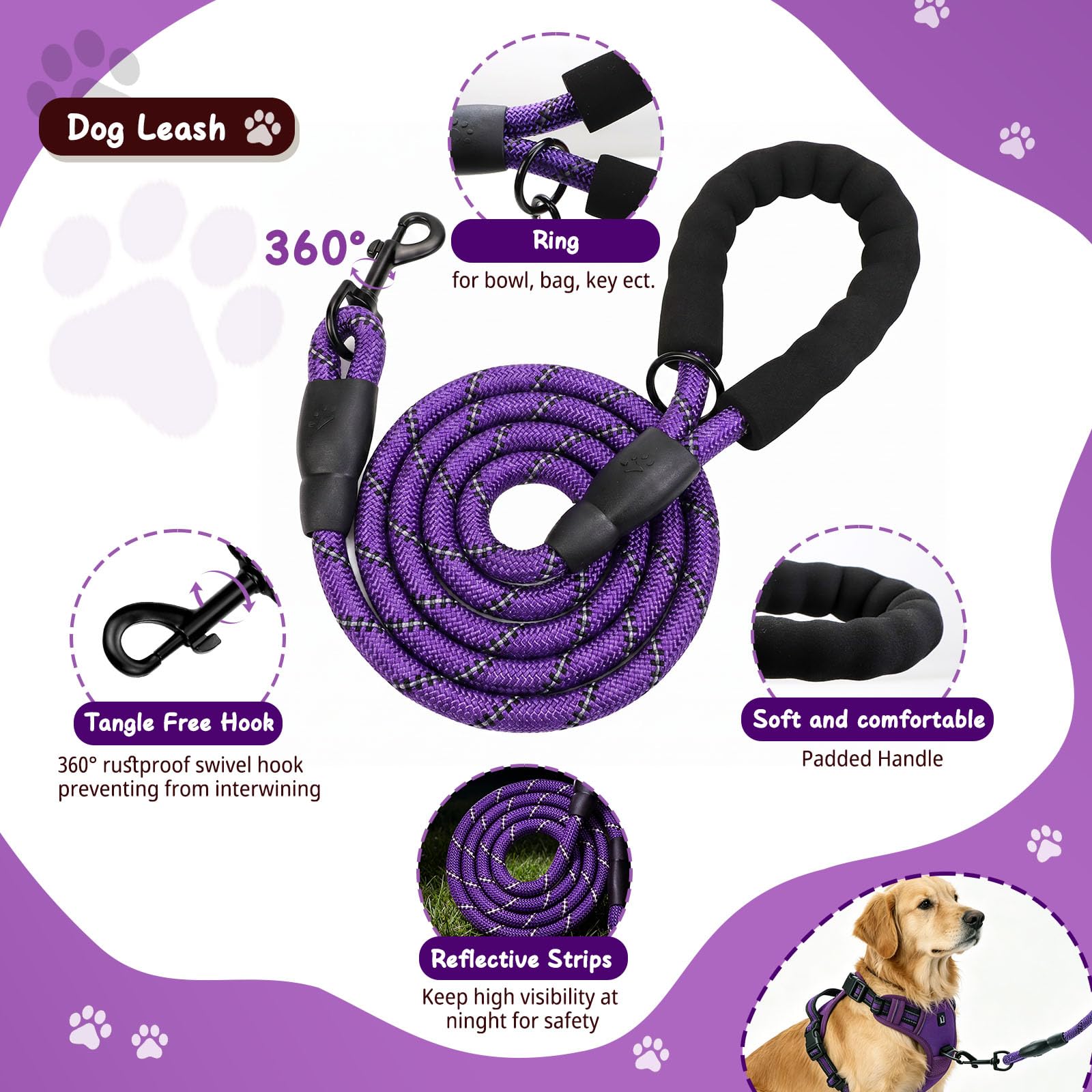 Arnes Perro, Conjunto de arnés y Correa para Perros cinturón de Seguridad, comederos Plegables y dispensador de Bolsas para excrementos. Ideal para Entrenamiento, Paseos y Viajes