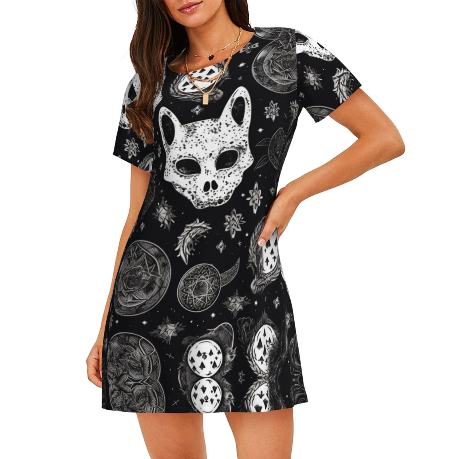 POCUK Skull Cat Moon Gothic Women'S Short-Sleeved Nightdress Summer Family Walk Shopping Vacation Home Clothes Black