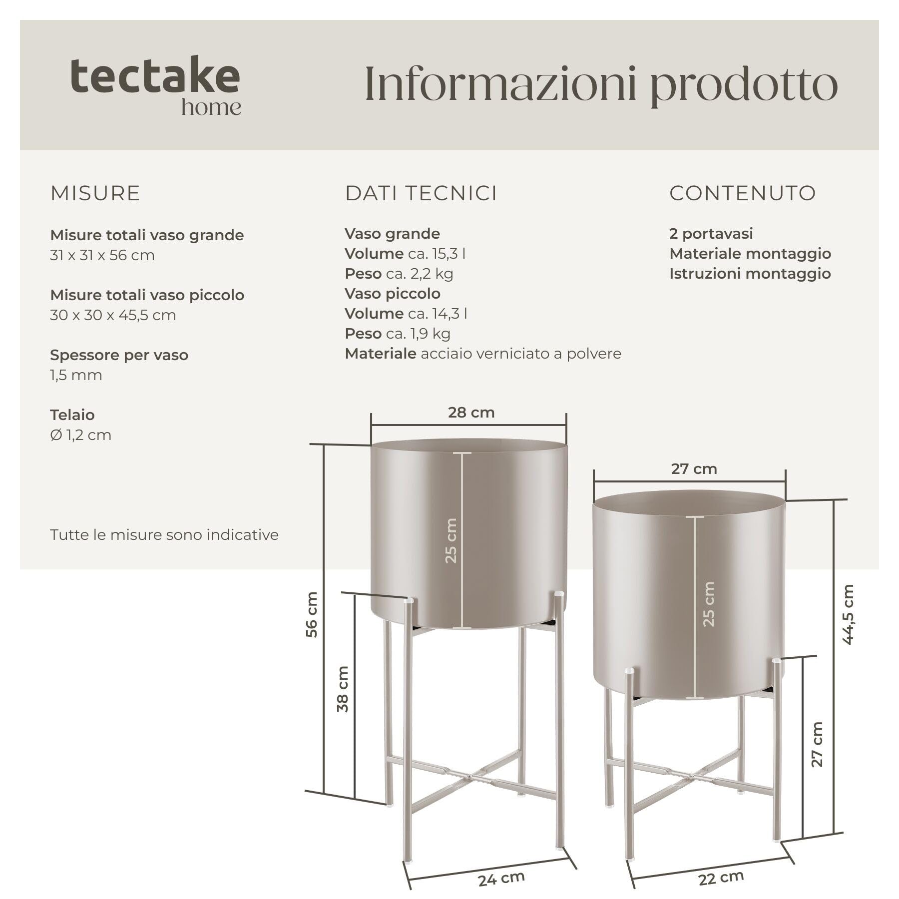tectake® Set da 2 Portapiante, Portavasi, Supporto Piante per Esterno, Giardino, Balcone e Interno, Acciaio Verniciato, Vasi Rimovibili, Cuscinetti Antiscivolo, Arredamento casa Vaso Piante - Tortora