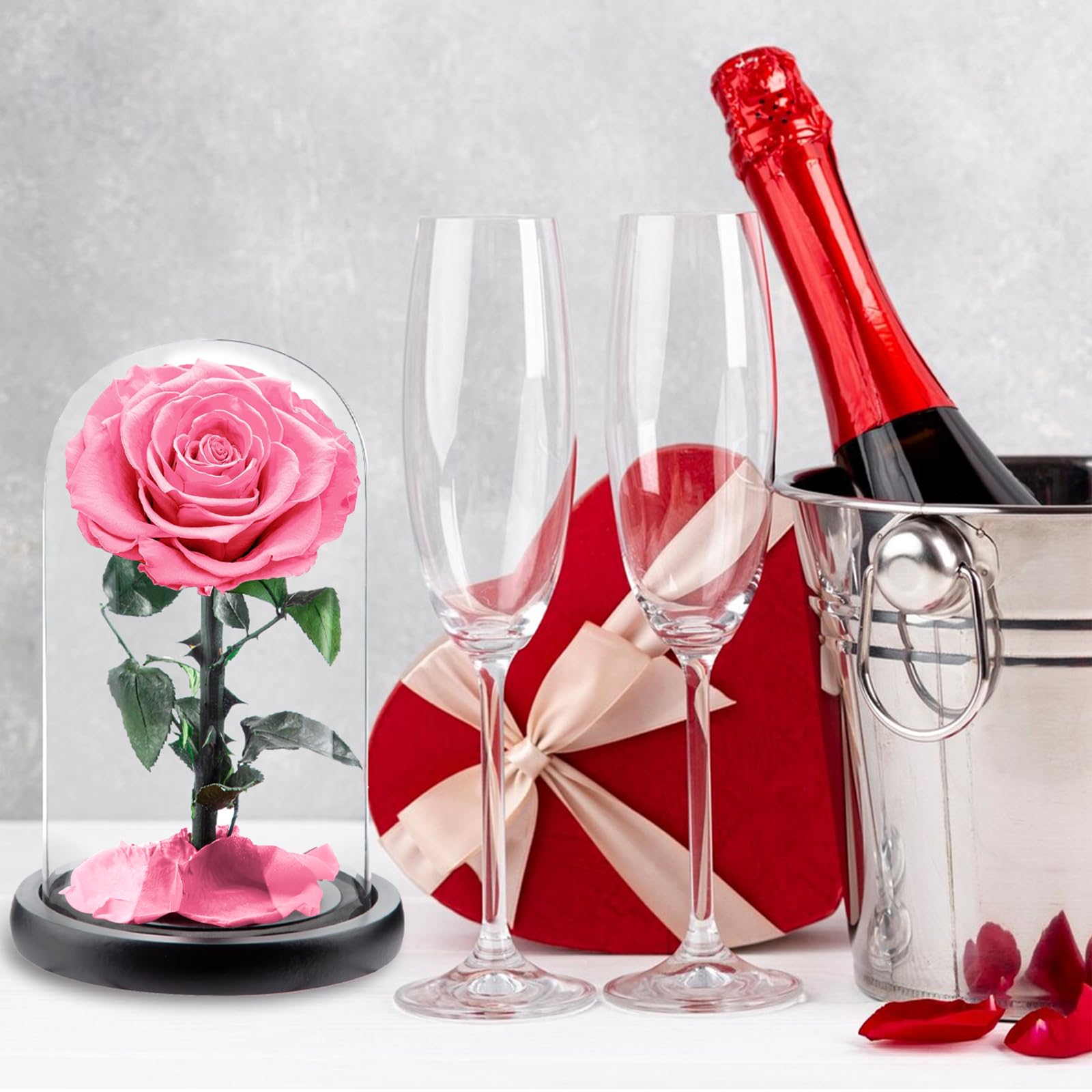 Rosa Stabilizzata Vera in Vetro, Rosa Eterna Realizzati con Rose Vere, Fiori Stabilizzati sotto Vetro a Cupola, Regalo Donna Compleanno, Regalo Mamma, Regalo Fidanzata, Moglie,Rosa