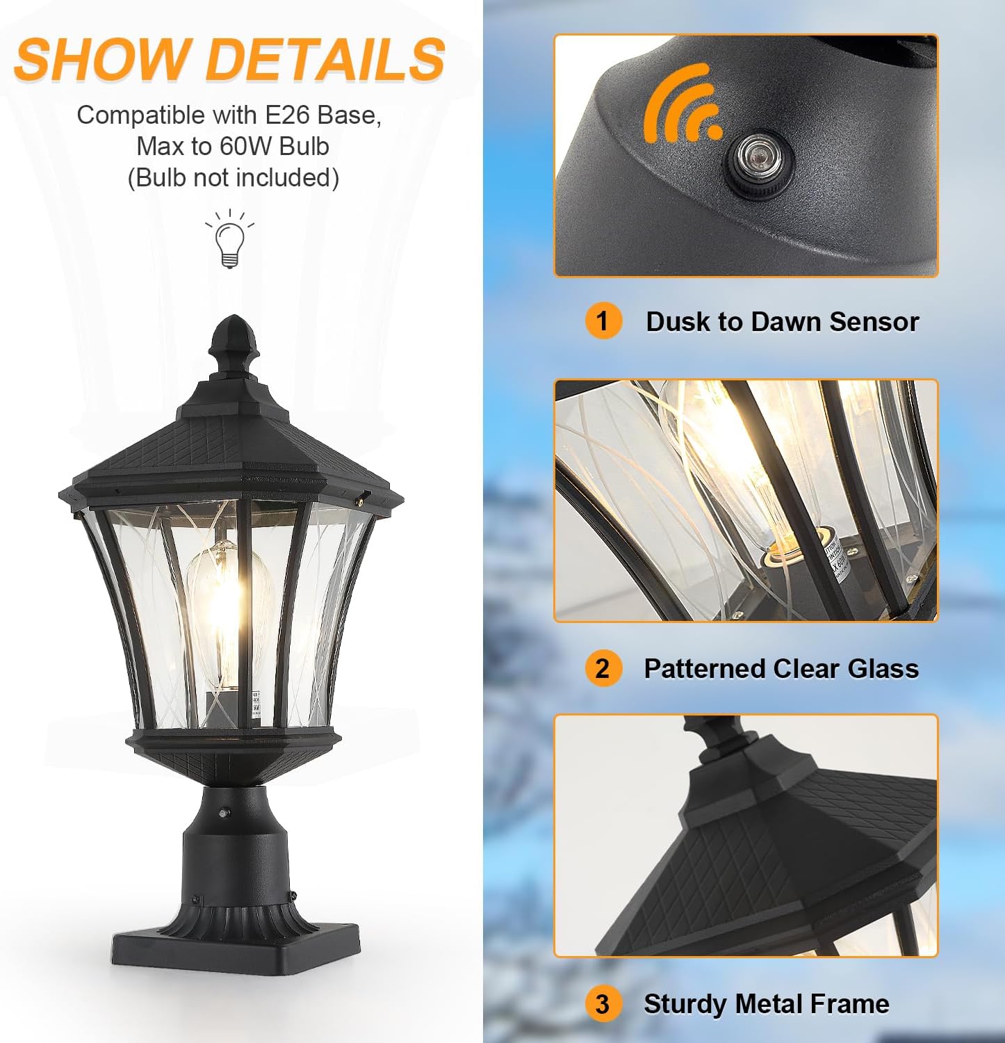 Dusk to Dawn Outdoor Post Lights with Pier Mount Base, Weather Resistant Aluminum 20" Exterior Pillar Coach Light with Clear Glass, Black Outdoor Pole Lamps for Patio, Porch, Yard
