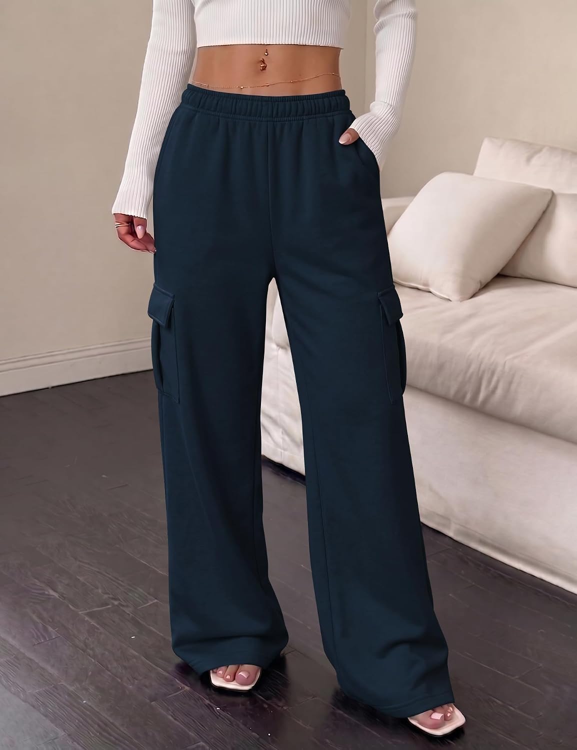 Micoson Womens Sweatpants Wide Leg Fleece Cargo Sweat Pants Fall Winter image 4
