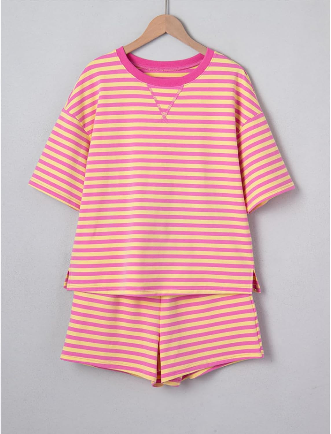 Womens Lounge Two Pieces Sets Summer Striped Matching Pajamas Set Short Sleeve Tshirts Drawstring Shorts Outfits