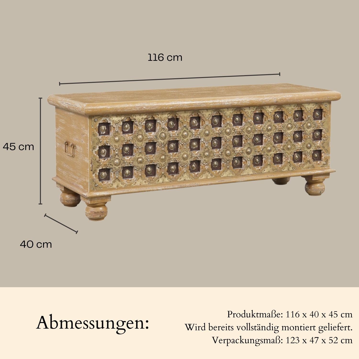 Orientalna skrzynia z drewna buranu, wysokość 1 – 116 cm, w stylu antycznym, ławka do siedzenia z miejscem do przechowywania na korytarzu, pudełko do przechowywania z pokrywką w łazience, skrzynia na pościel jako skrzynia na poduszki lub dekoracja w sypia