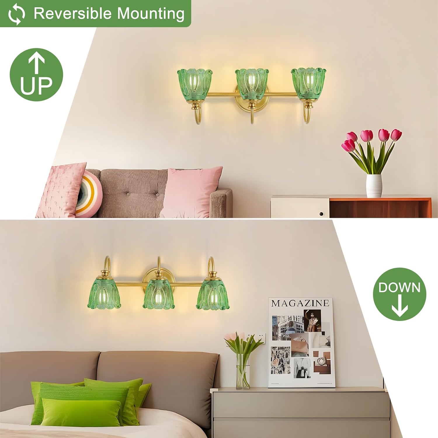 Bathroom Light Fixtures (3-Light), Vintage Brushed Brass Vanity Lights for Bathroom with Green Tulip Crystal Glass Shade, Vanity Wall Light Over Mirror for Bedroom Living Room Hallway
