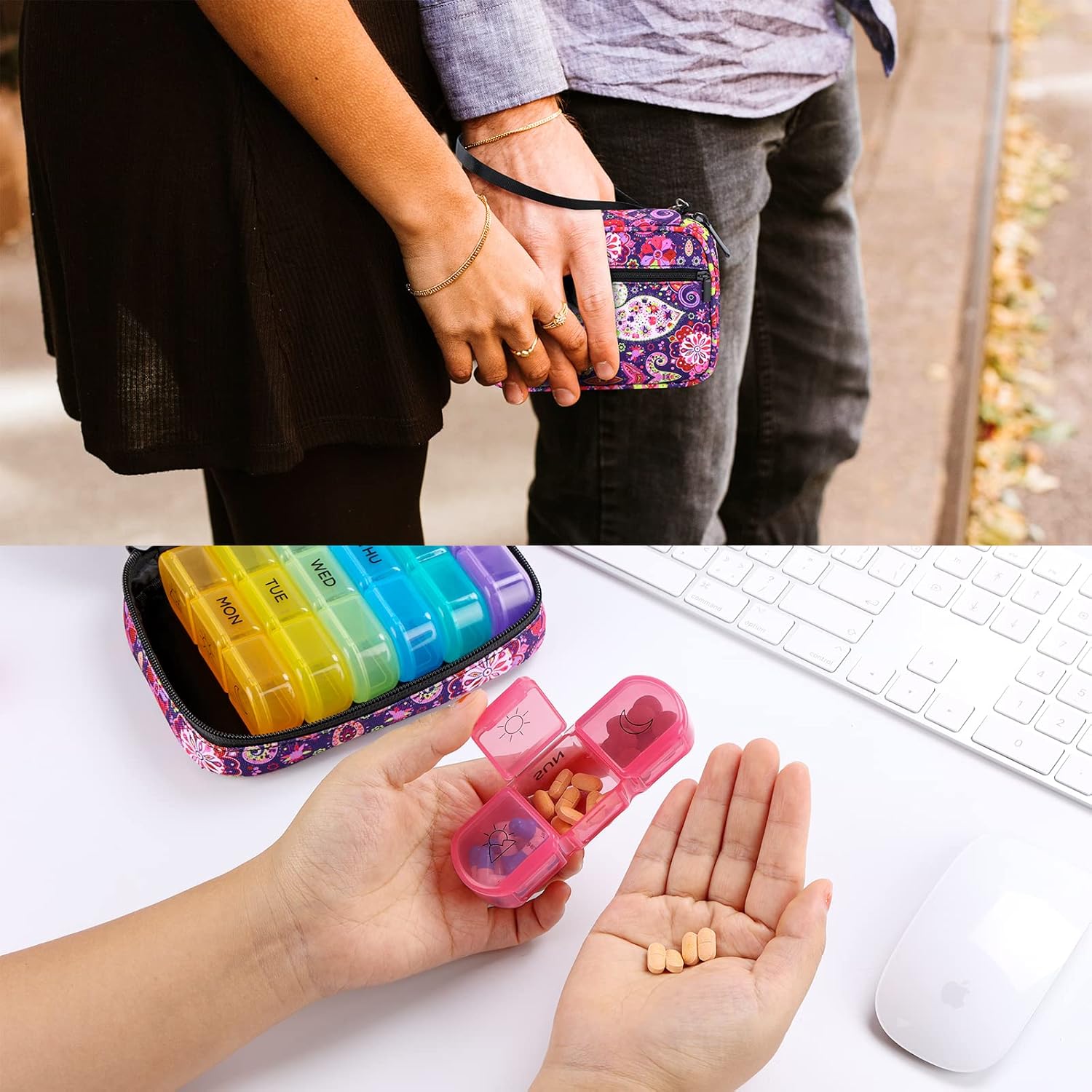 Weekly Pill Organizer 3 Times a Day with Travel Bag, Tnvee Large Portable Travel Pill Box Case for Vitamin/Fish Oil/Pills/Supplements Medicine Organizer (Purple Perlis) : Everything Else