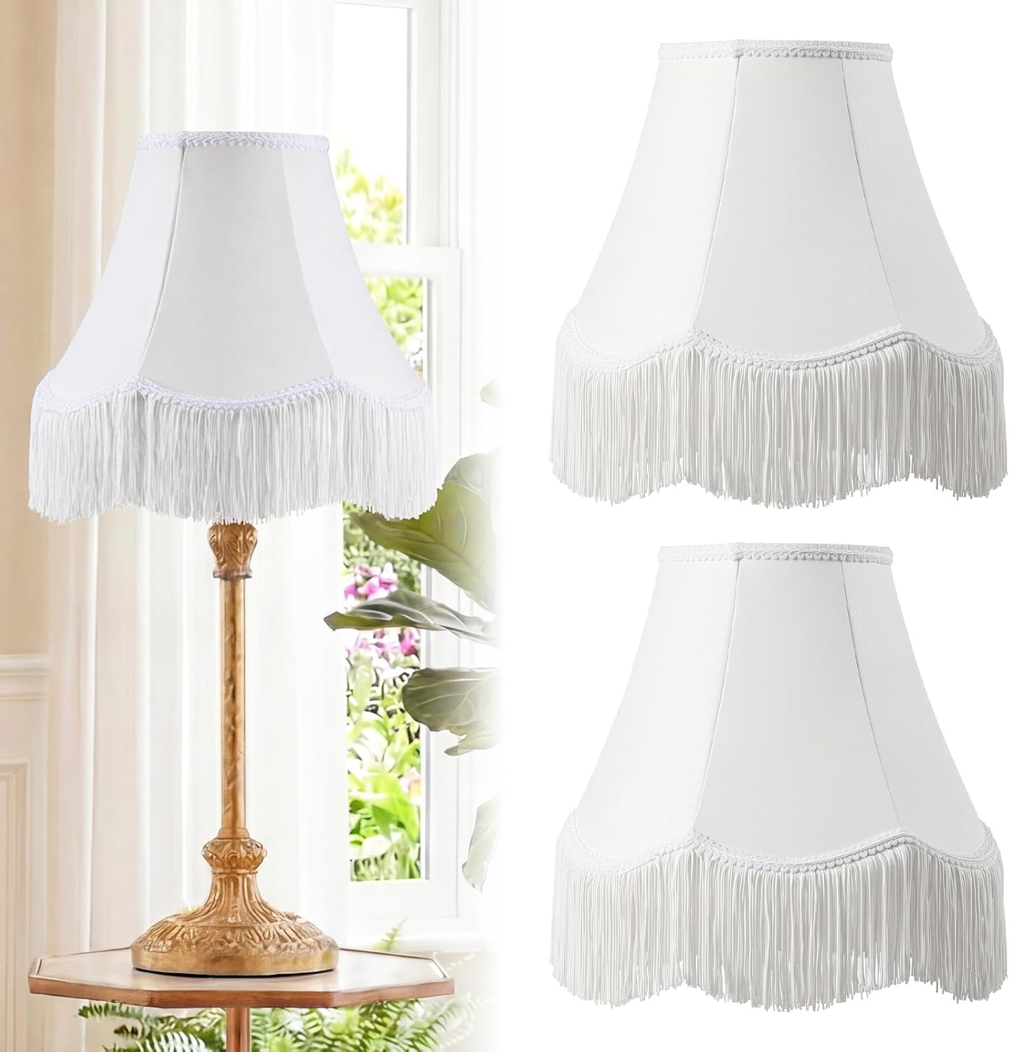Fumete 2 Pcs 6 x 13 x 10 Inch Scalloped Lamp Shades with Fringe Trim White Vintage Victorian Bell Lampshades Replacement Fabric Natural Tapered Lampshades Nordic Decor for Wall Sconce Pendant Light