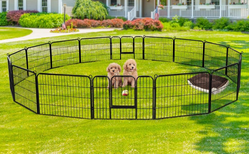 Image of Yaheetech 24 inch H 16-Panel Extra Wide Dog Playpen w /Door for Indoor Outdoor | Heavy Duty Metal Frame, Secure Latch Gate, Tool-Free Assembly, Portable For Yard RV Camping, Ideal For Small & Medium Pets