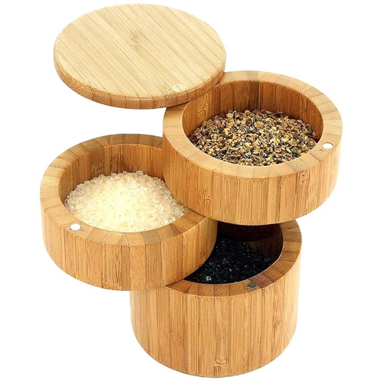 Słoiki na przyprawy, Słoiki na przyprawy 3-poziomowe bambusowe pudełko na sól, bambusowe pudełko na przyprawy z magnetyczną obrotową pokrywką na sól, przyprawy, przyprawy, pudełko na pieprz z pokrywką