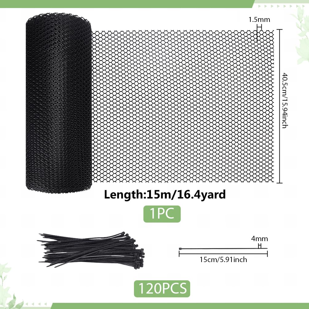 AHANDMAKER Rouleau de grillage en plastique avec 120 attaches de câbles pour protection de lapin, volaille et protection des plantes, 15,2 x 40,6 cm, noir