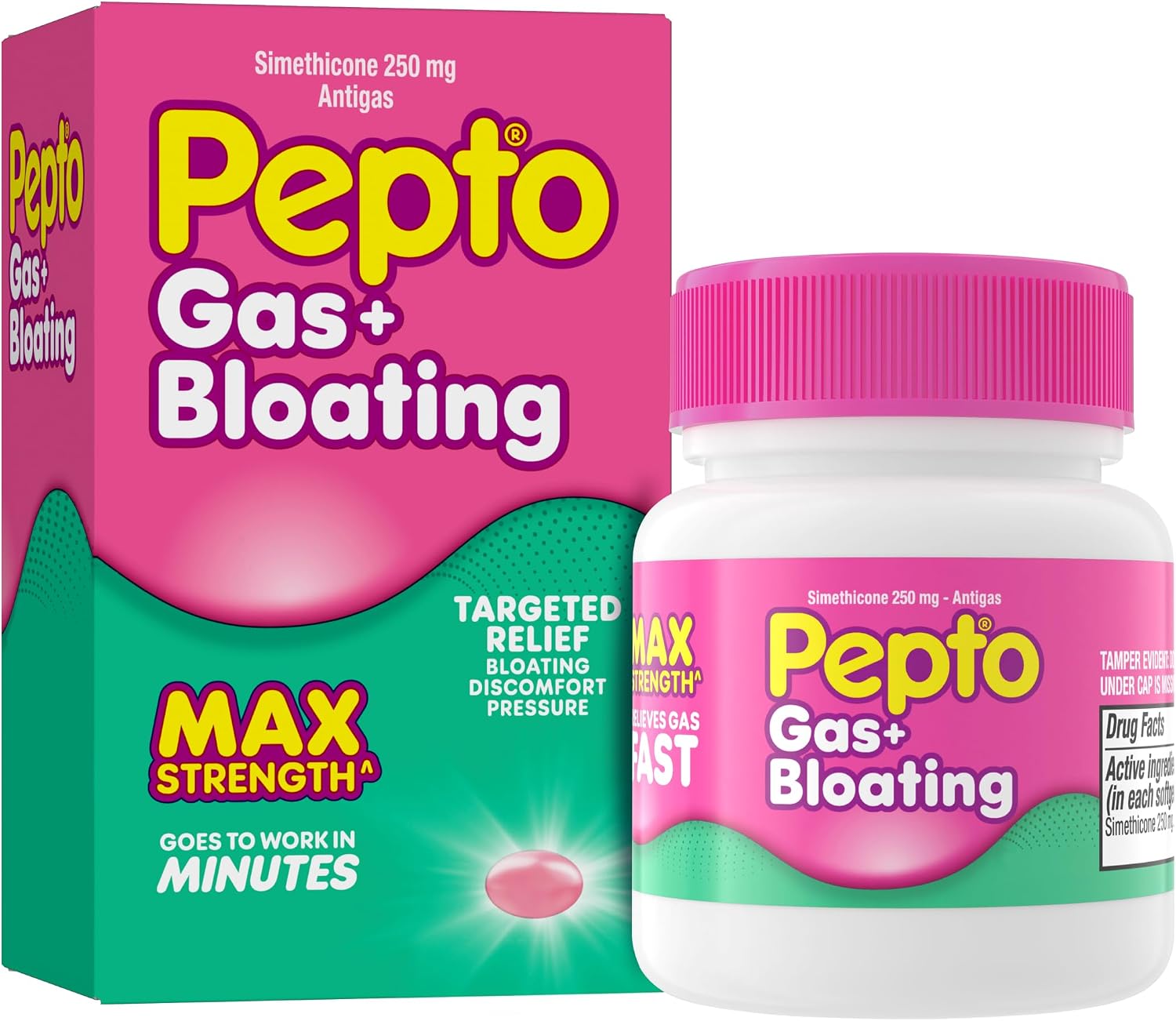 Pepto Gas + Bloating, Simethicone 250 mg Softgels, 50 Count, Gas Relief for Adults, Anti Gas and Bloating, Gas Relief Maximum Strength