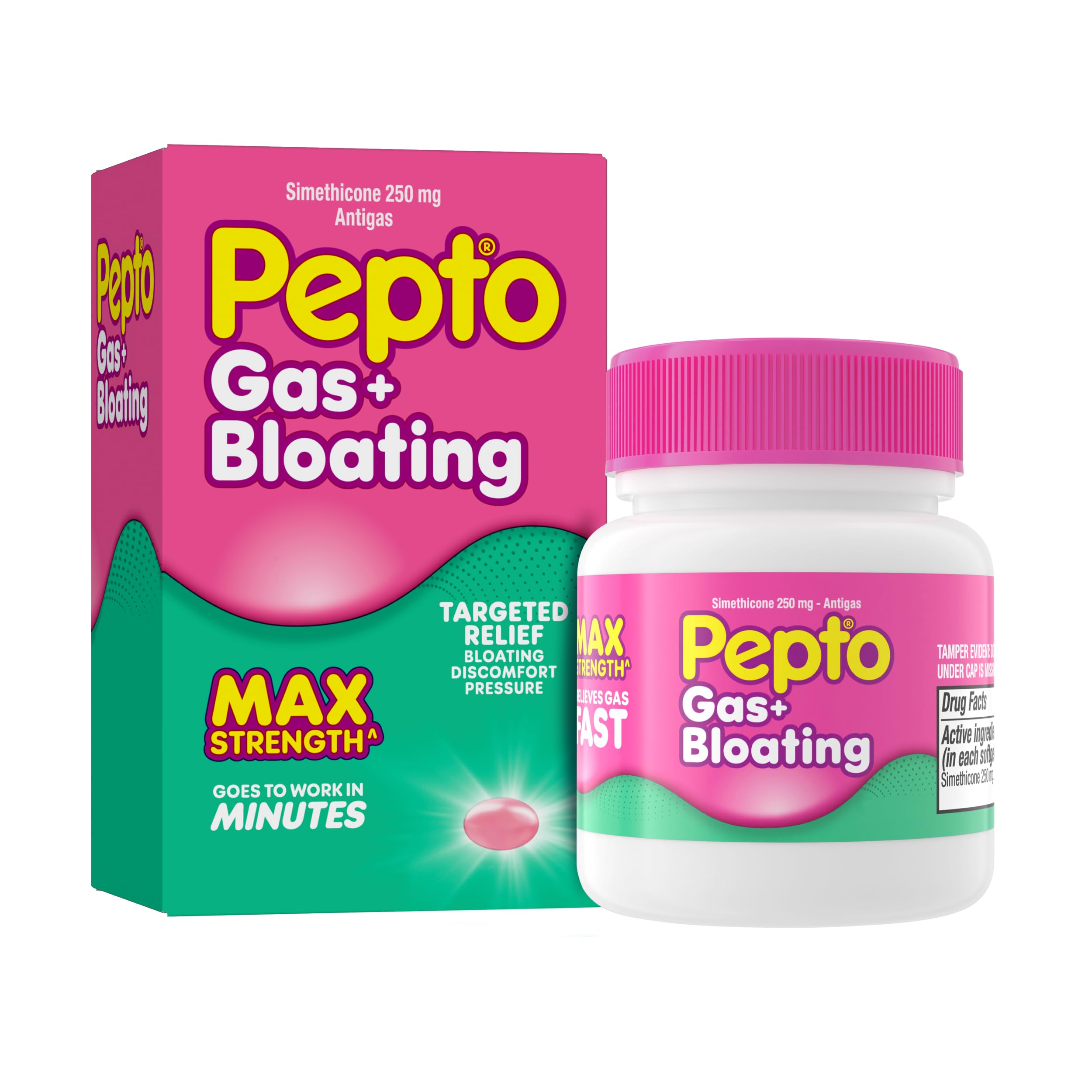 Pepto Gas + Bloating, Simethicone 250 mg Softgels, 50 Count, Gas Relief for Adults, Anti Gas and Bloating, Gas Relief Maximum Strength