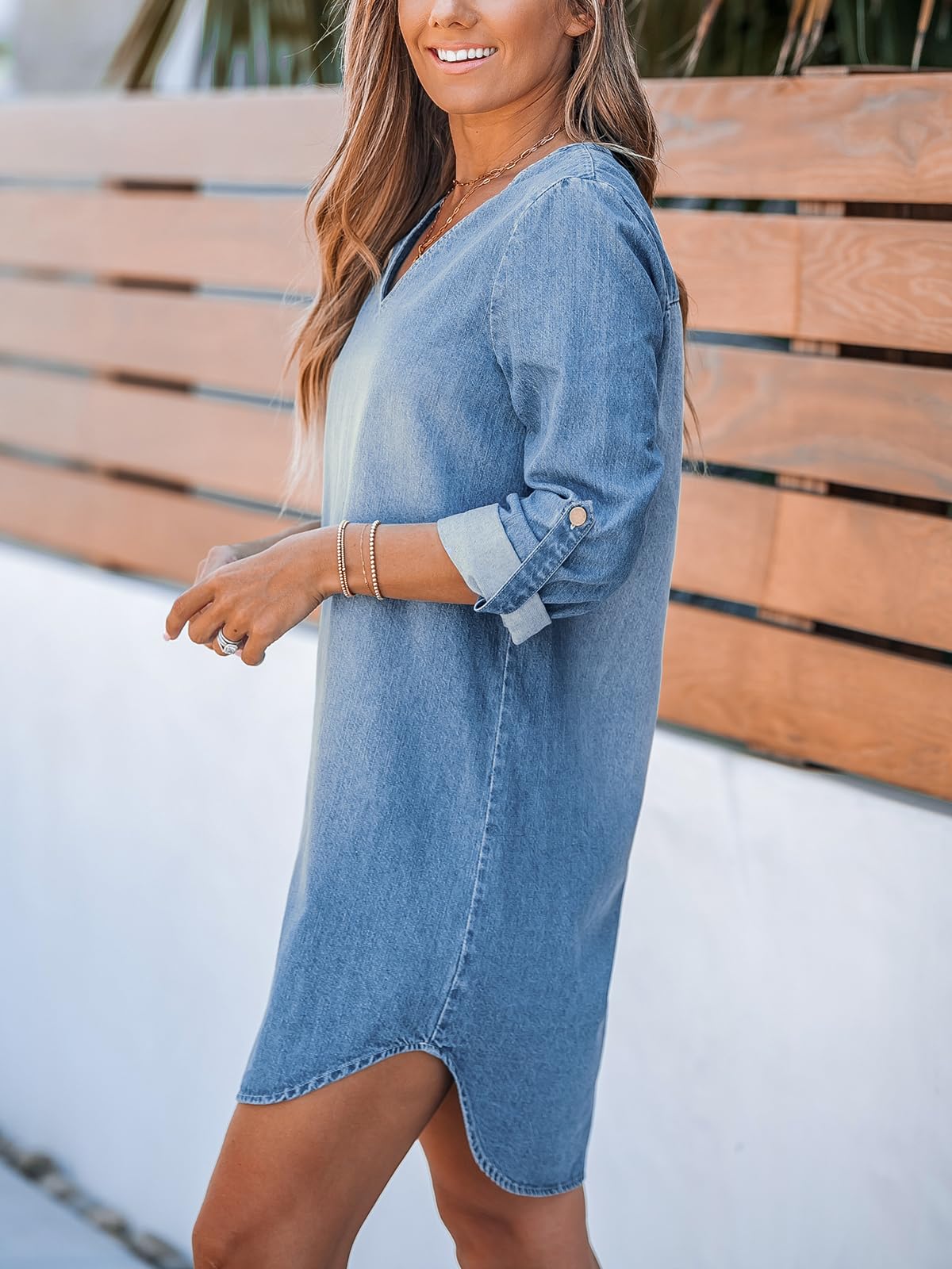 CUPSHE Mini robe en jean à manches longues et col en V pour femme