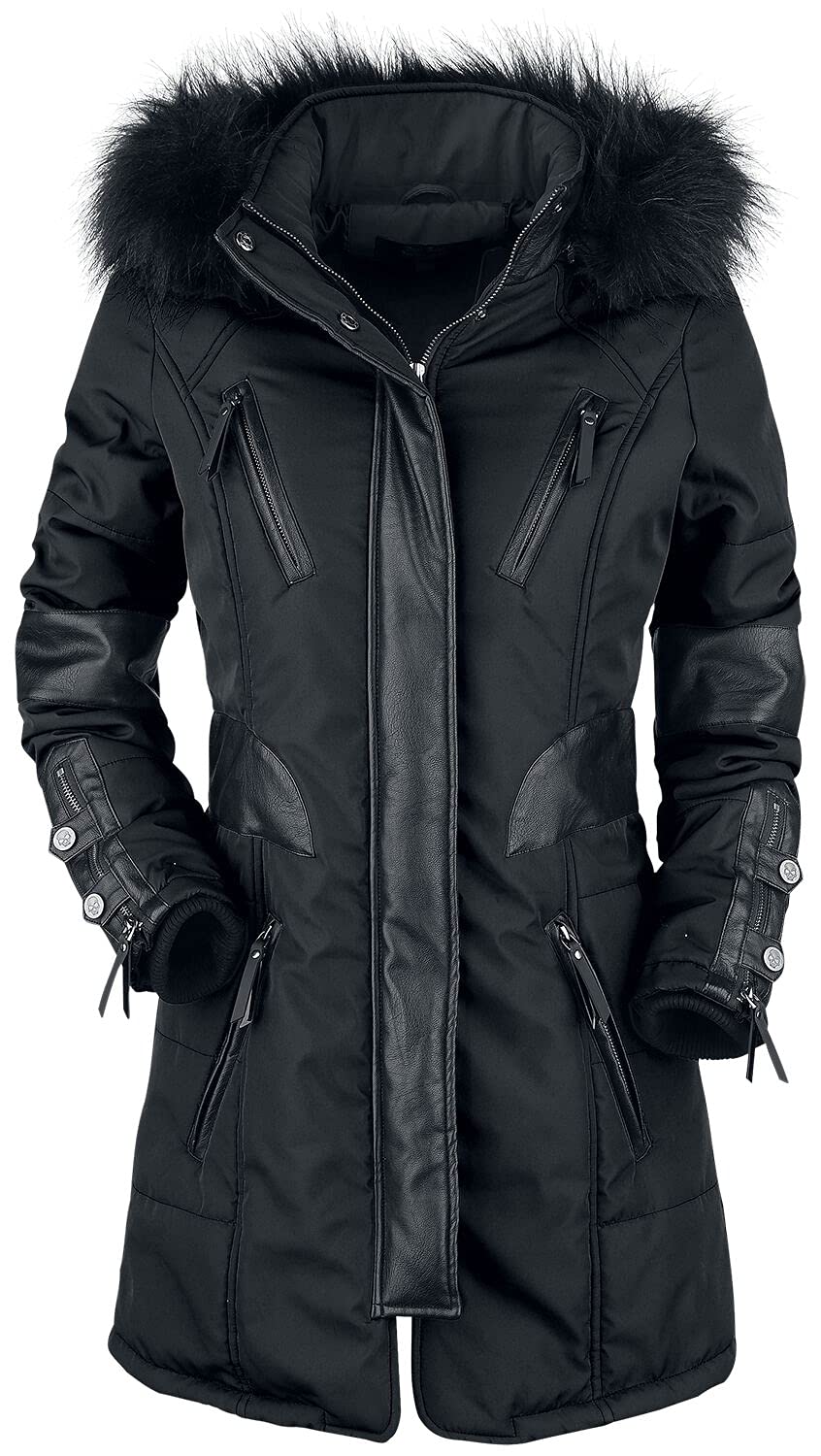 Rock Rebel by EMP Mujer Chaqueta larga de invierno negra con detalles de polipiel