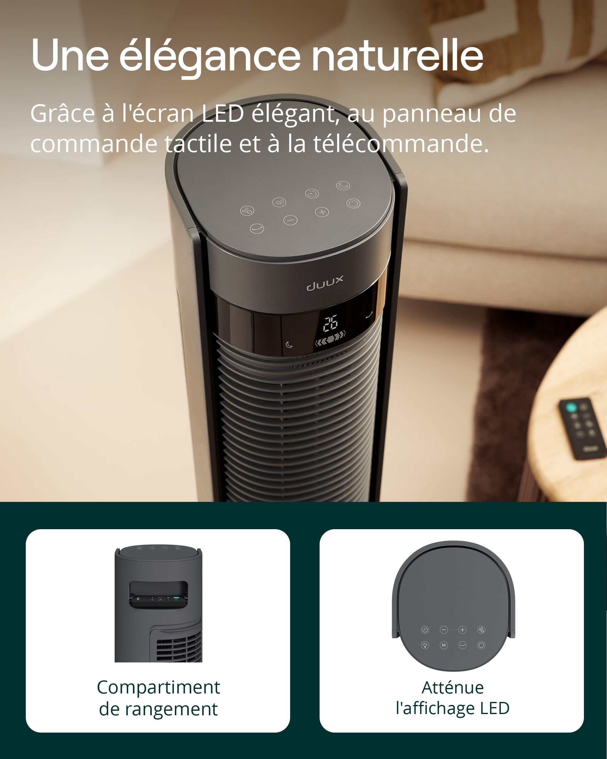 Duux Elevate Ventilateur Colonne – 26 Vitesses, Oscillation 80°, Seulement 25 dB, Ioniseur, Minuterie (1–12h), Mode Nuit, Écran Tactile & Télécommande – Silencieux & Intelligent – Gris