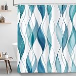 Bonhause Rideau de douche bleu Teal, Abstract Streed Wavy Modern Minimalist Salle de bain Decor 72 x 72 Inch Polyester tissu imperméable Rideau de bain avec 12 Crochets