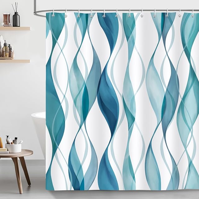 Bonhause Rideau de douche bleu Teal, Abstract Streed Wavy Modern Minimalist Salle de bain Decor 72 x 72 Inch Polyester tissu imperméable Rideau de bain avec 12 Crochets