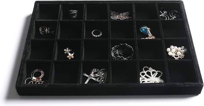 Frebeauty Stackable Velvet Jewellery Organiser Trays for Drawers Inserts Jewellery Storage Tray Display Case Earrings Bracelets Necklace Rings Accessories Trays for Women Girls(Set of 4 Black)