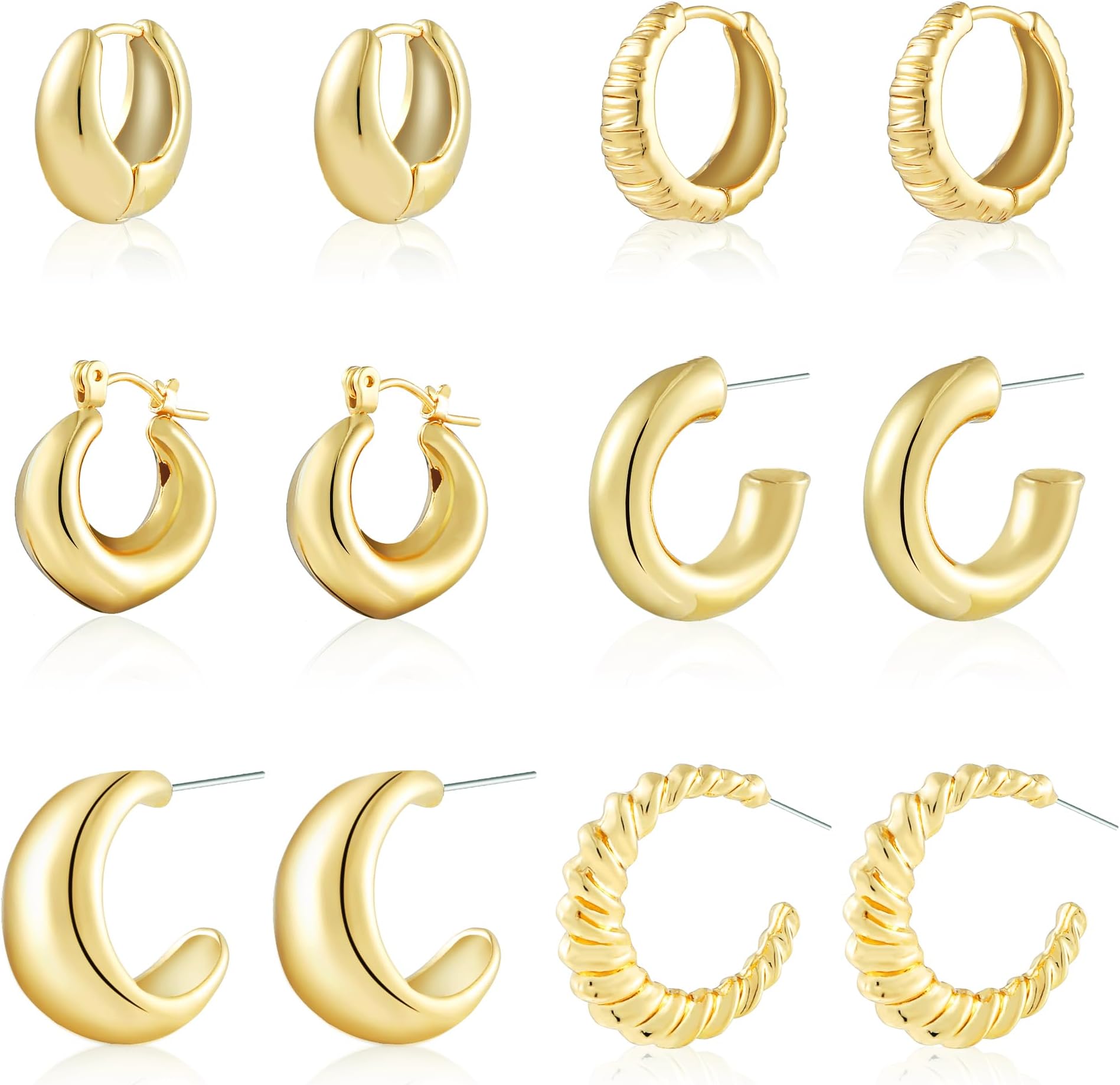 ALLHOLA6 Pairs Gold Hoop Earrings for Women, 14K Gold Plated Lightweight Chunky Hoop Earrings Set Hypoallergenic, Thick Open Huggie Hoops Earrings Jewelry for Gifts.