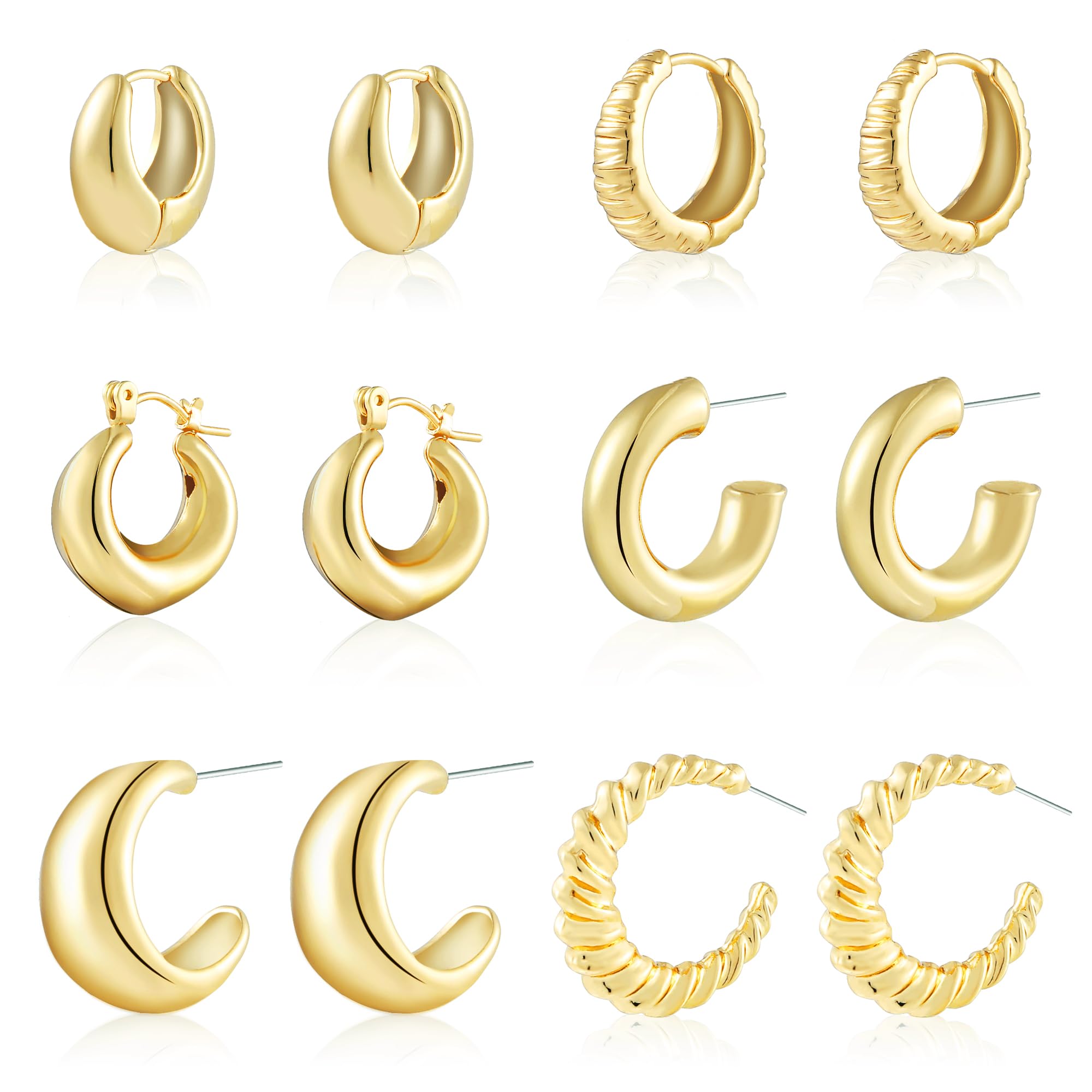ALLHOLA6 Pairs Gold Hoop Earrings for Women, 14K Gold Plated Lightweight Chunky Hoop Earrings Set Hypoallergenic, Thick Open Huggie Hoops Earrings Jewelry for Gifts.