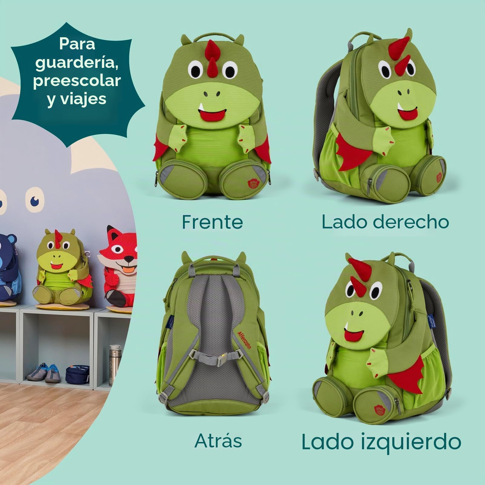 Affenzahn Amigo grande mochila infantil sostenible 3-5 años guardería 8L funcional y divertida Dragón - Verde