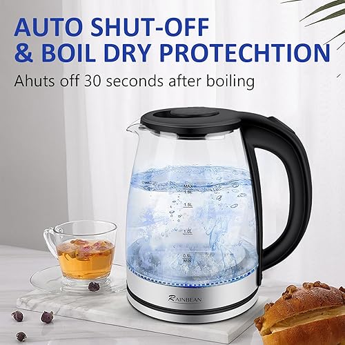 Miniatura 3 de RAINBEAN Caldera de agua eléctrica, hervidor de té eléctrico de 1.8 L, caldera de agua caliente de apertura amplia con luz LED, apagado automático y