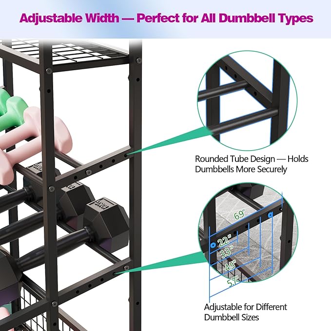 XL Dumbbell Rack Weight Stand – Adjustable Weight Storage Stand with Hooks for Home Gym, Kettlebells, Yoga Mat and Workout Equipment Heavy Duty Weight Rack with Wheels