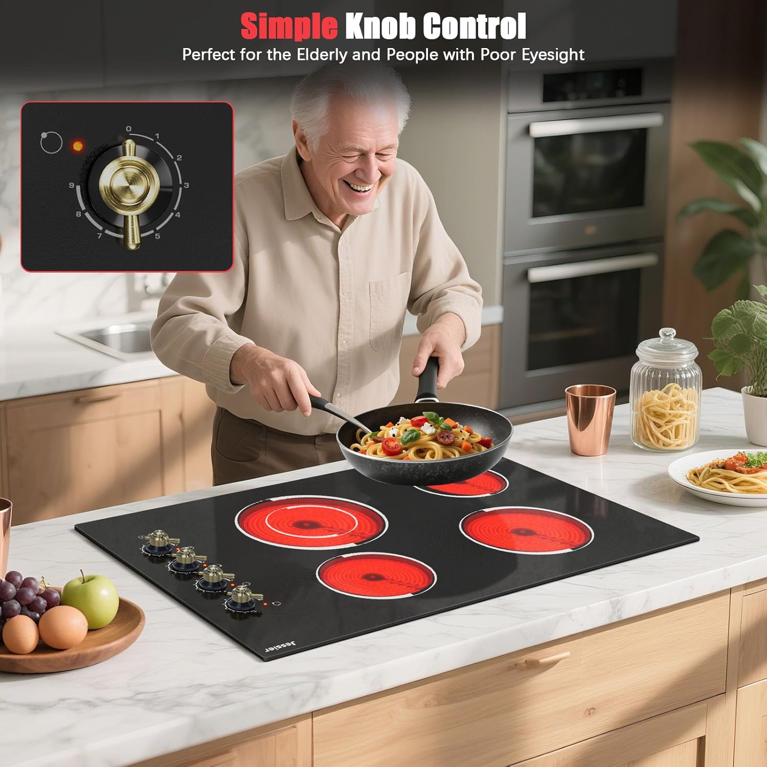 30 Inch Electric Cooktop - 4 Burner Built-in Electric Stove 6700W, 30 Ceramic Stove Top with Knob Control, Dual Ring, 9 Power Heating Levels, 220V - 240V Hard Wired (No Plug)