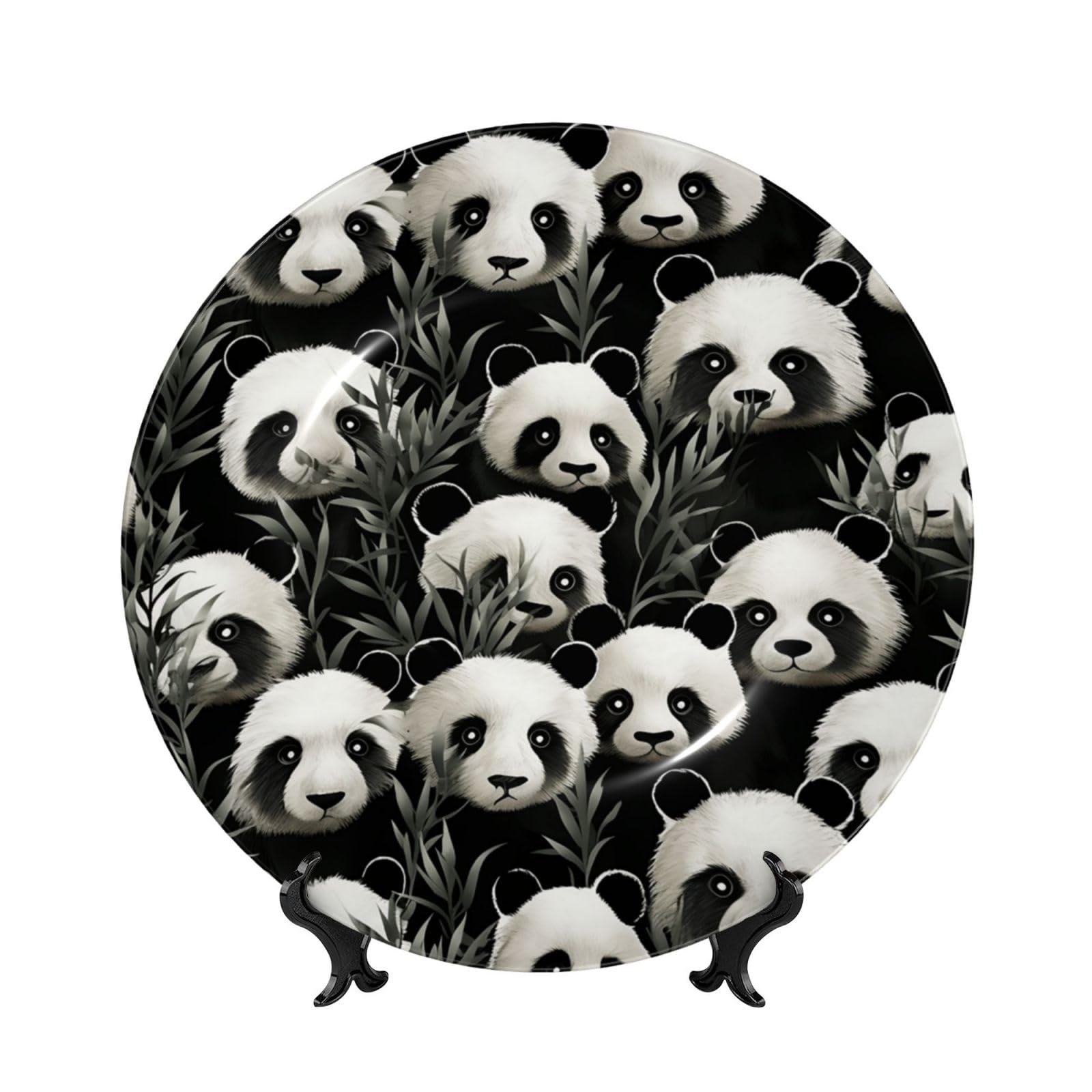 Assiette en porcelaine panda noir et blanc faite main 17.8 cm avec support